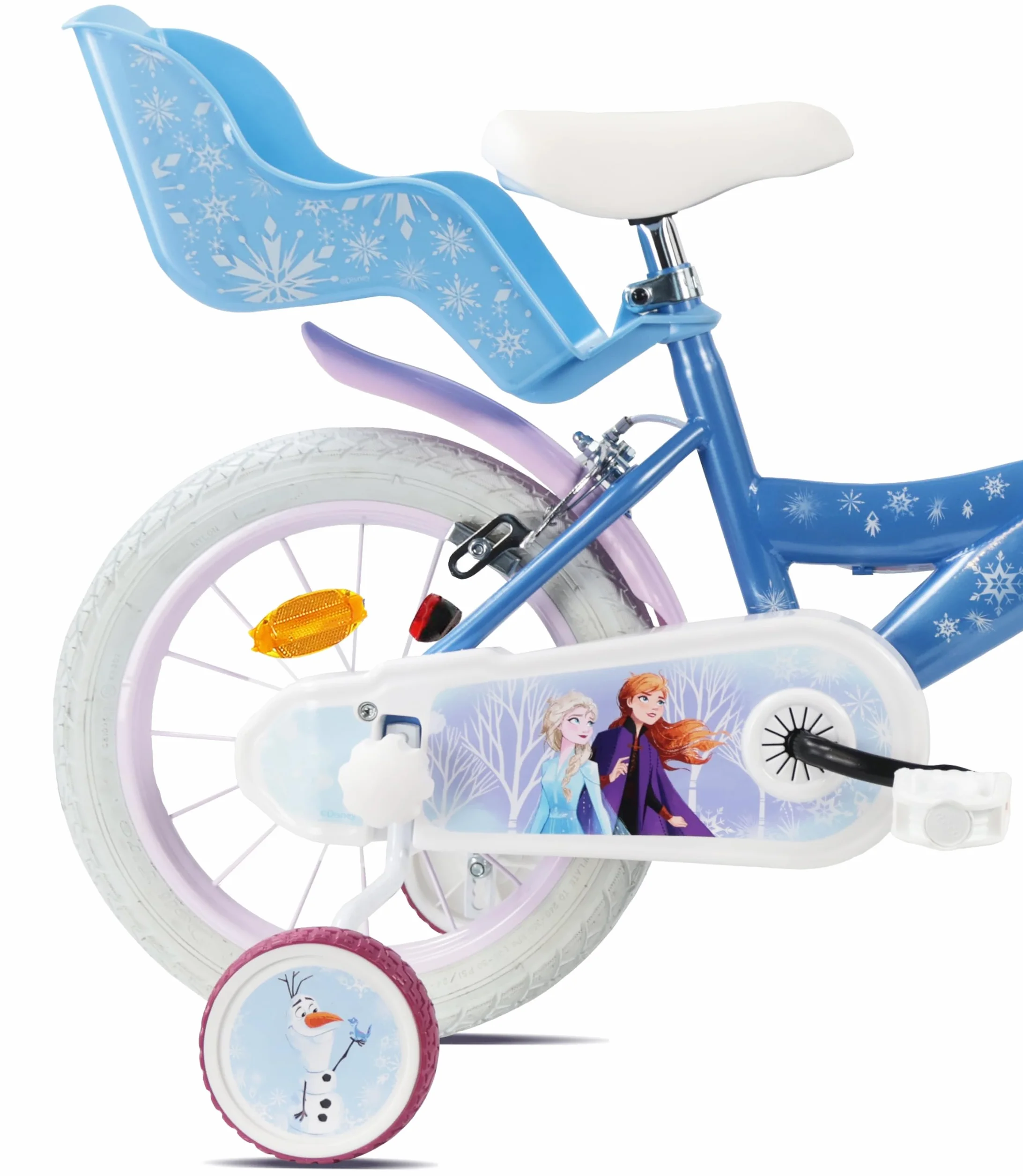 Vélo Reine des Neiges 14'' Fille équipé de 2 Freins Caliper - Roue Libre - Pneus Gonflables - Jantes aciers avec Rayons - Panier Avant - Porte-poupée arrière - Garde-Boue - 2 Stabilisateurs