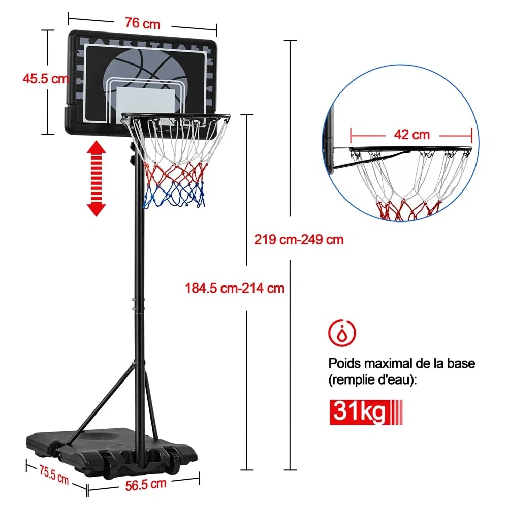 Yaheetech Panier de Basket Extérieur Portable Réglable en Hauteur 219-249/234-264 cm Panier de Basket sur Pied à roulettes avec Base de Lestage Panneau Arrière Robuste Noir