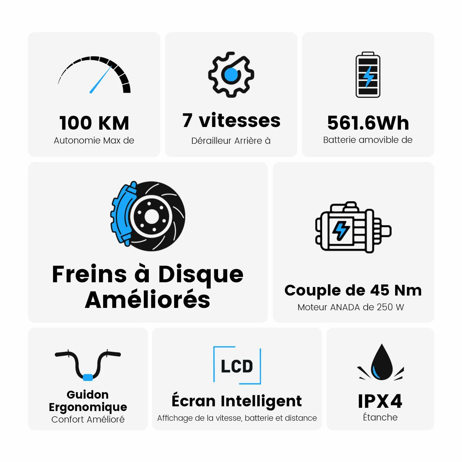 Vélo Électrique 27,5", Moteur 250W, Batterie 36 V 15,6 Ah Amovible, Autonomie Jusqu’à 100 km, 7 Vitesses, Écran LCD, Assistance 25 km/h, Charge Max 120 kg, Modèle Mixte E-Bike
