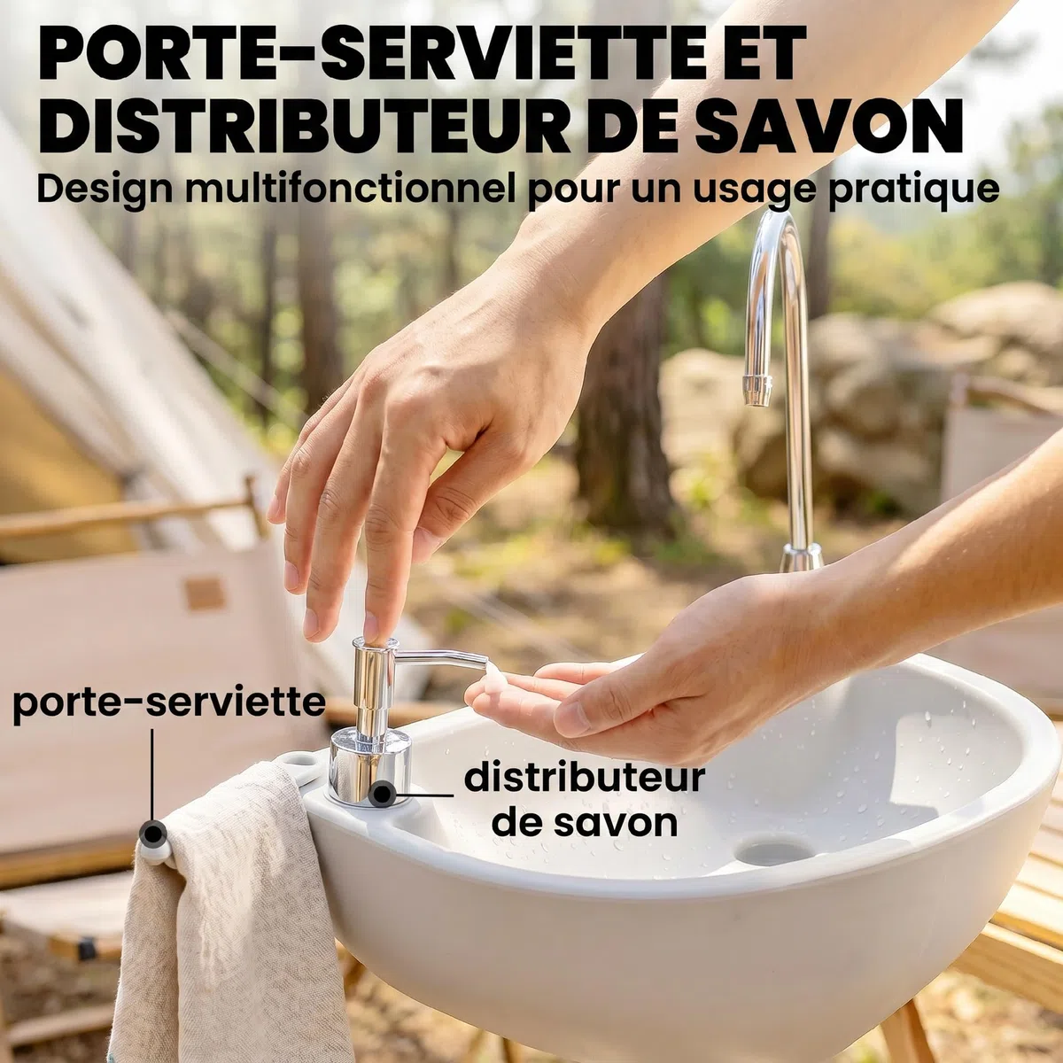 Outsunny Évier de Camping Portable, lavabo Portable pour Camping, Station Lavage avec Roues, Distributeur de Savon et Porte Serviettes, lavabo Mobile pour événements en Plein air, Gris
