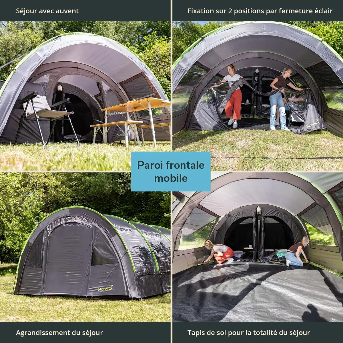 Skandika Tente tunnel Kemi pour 4 personnes | Tente de camping, 2 cabines de couchage, hauteur 2 m, 4 places, colonne d'eau 3000 mm, paroi frontale amovible, auvent | Tente de camping, tente familiale