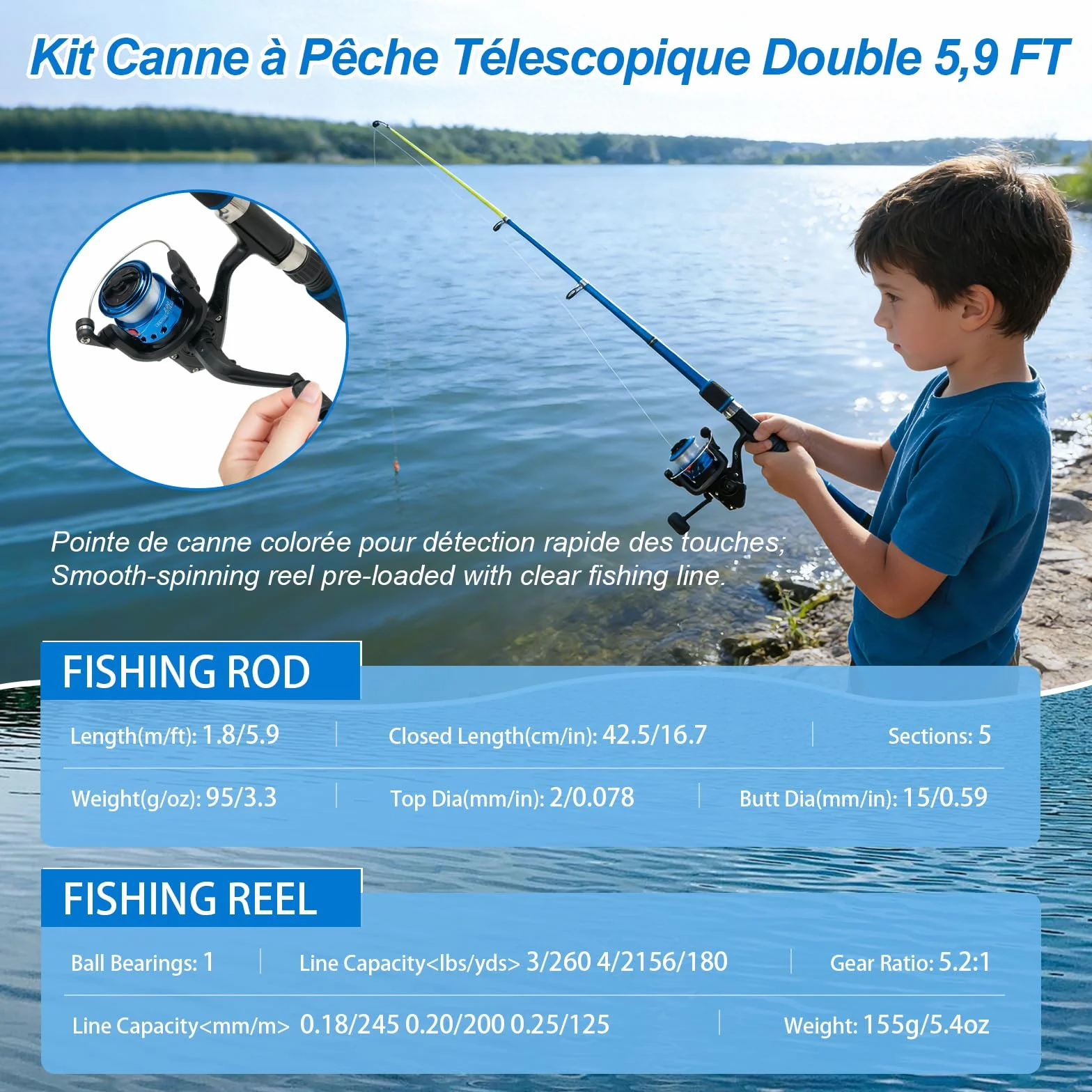 Cannes à Pêche Enfants Télescopiques 1,8m Kit Complet Débutants avec Moulinet 5,2:1 Leurres Sac de Transport Mer Lac