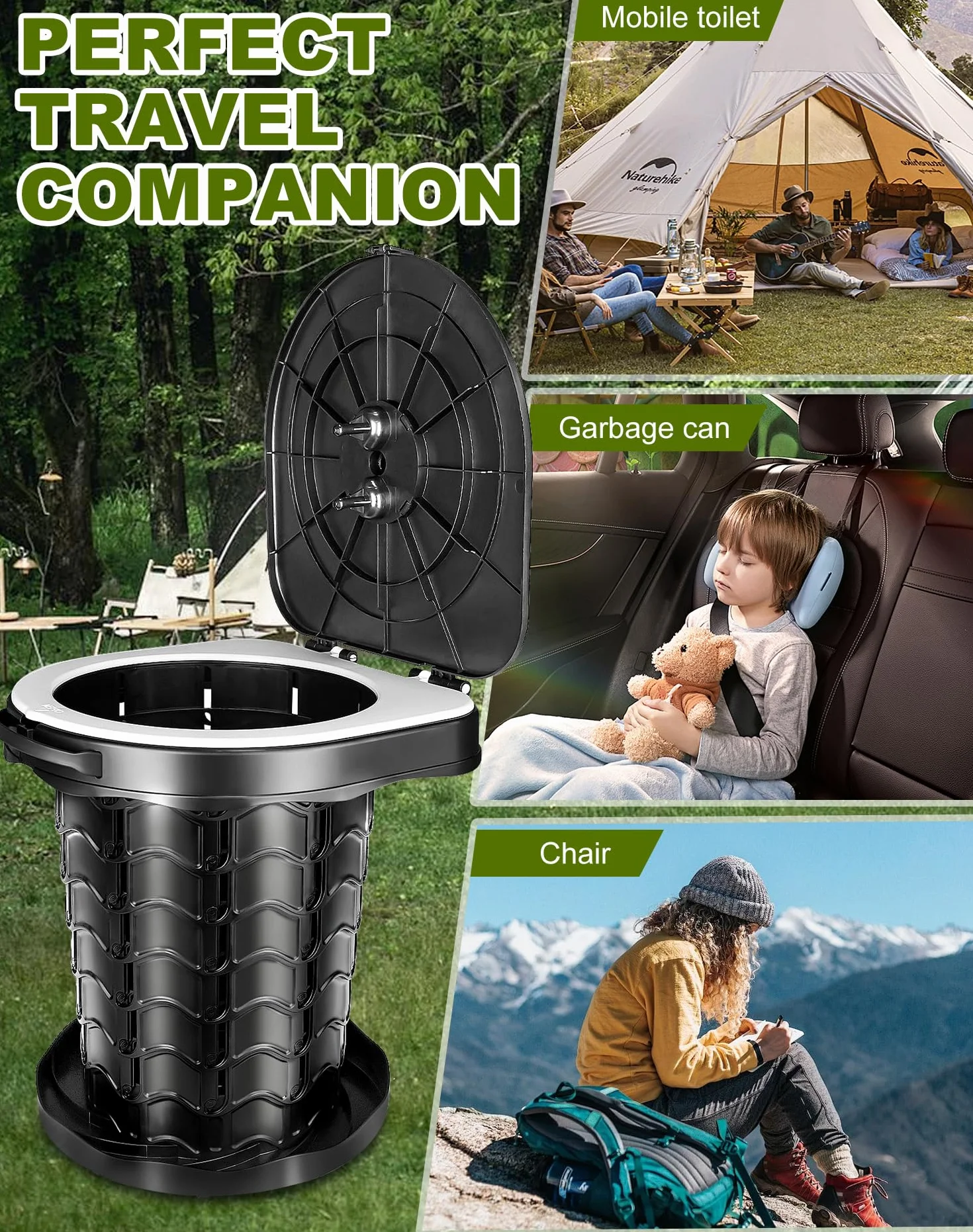 Toilette Portable Camping avec Couvercle, WC Portable avec Sac Poubelle, Toilettes Sèches, pour Le Camping, Les Barbecues, Les Voyages, la Pêche, la Plage et L'auto-Propulsion