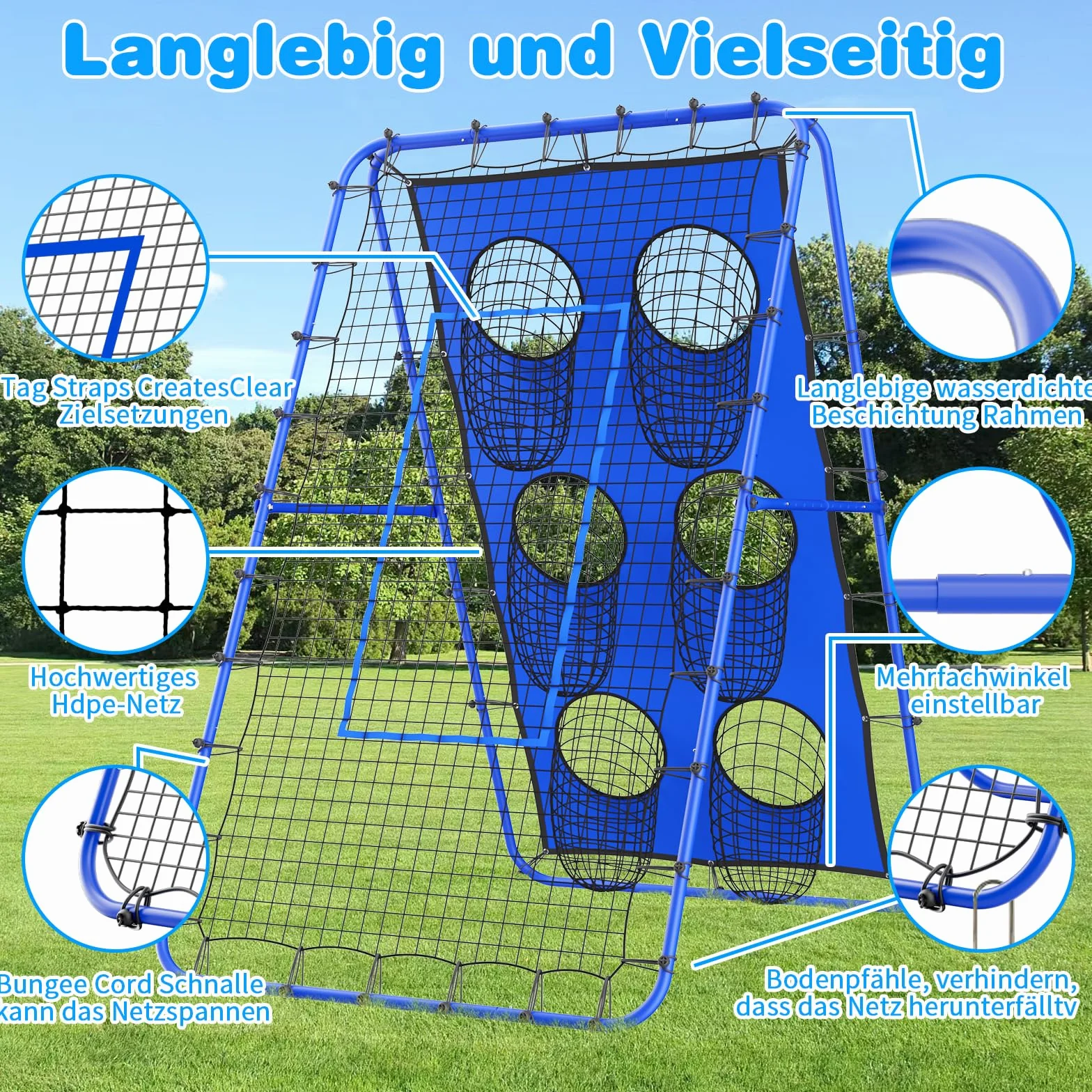 Filet de rebond volleyball 2,1 x 1,2 m réglable multi-angle avec piquets métalliques solides