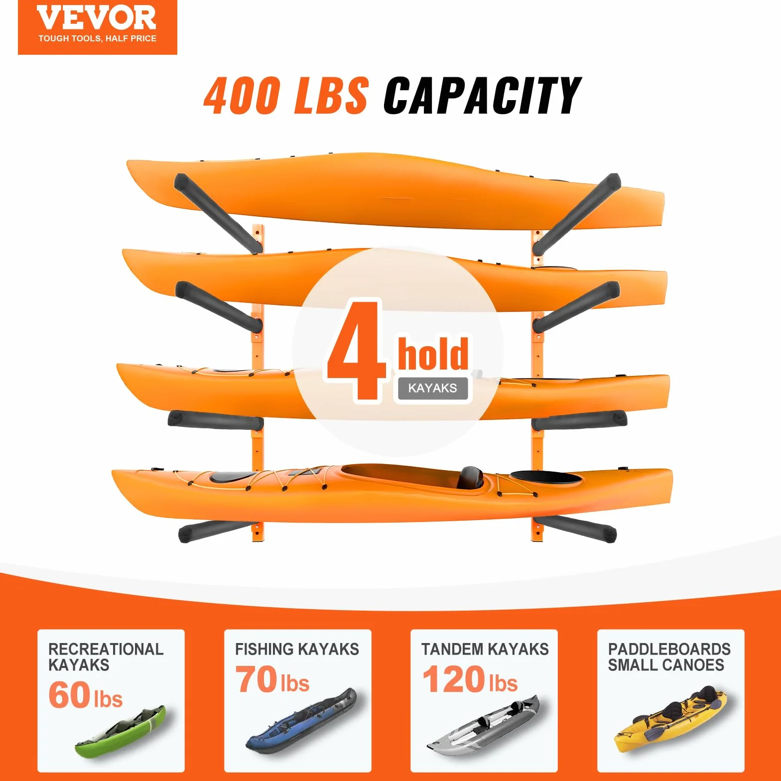 VEVOR Support Mural pour 4 Kayaks, Porte-Kayak, Canoë, Paddle SUP, Crochet de Rangement pour Kayak avec Bras Rembourrés Réglables, Charge de 181,4 kg, Cintre pour Kayak pour Garage Intérieur Extérieur