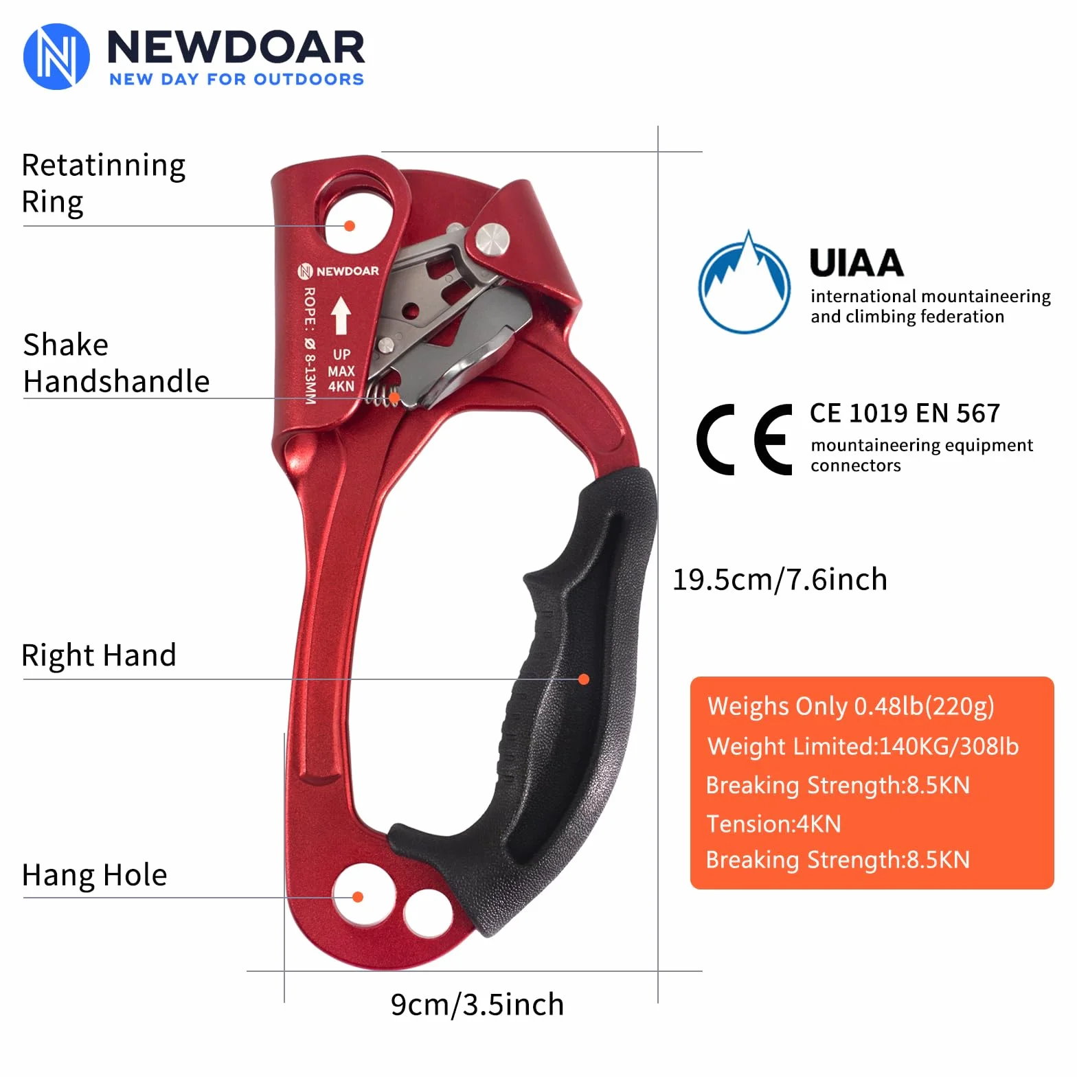NewDoar UIAA & CE Certifié Main Ascendeur Bloqueur Poignée Ergonomique d'escalade Arbre Arboriste Rappel Gear Équipement Corde Pince pour 8~13 MM Corde