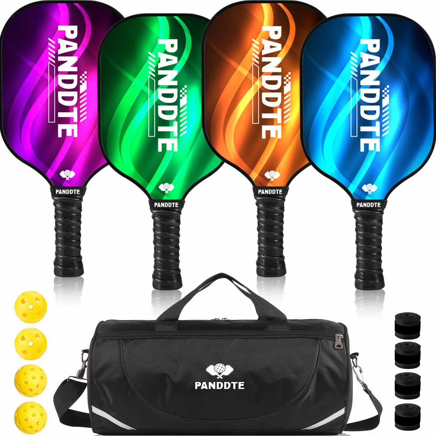 Lot de 4 Raquettes de Pickleball en Graphite avec 4 balles de Pickleball, 4 poignées de Rechange et Sac, Raquettes de Pickleball pour débutants et Professionnels