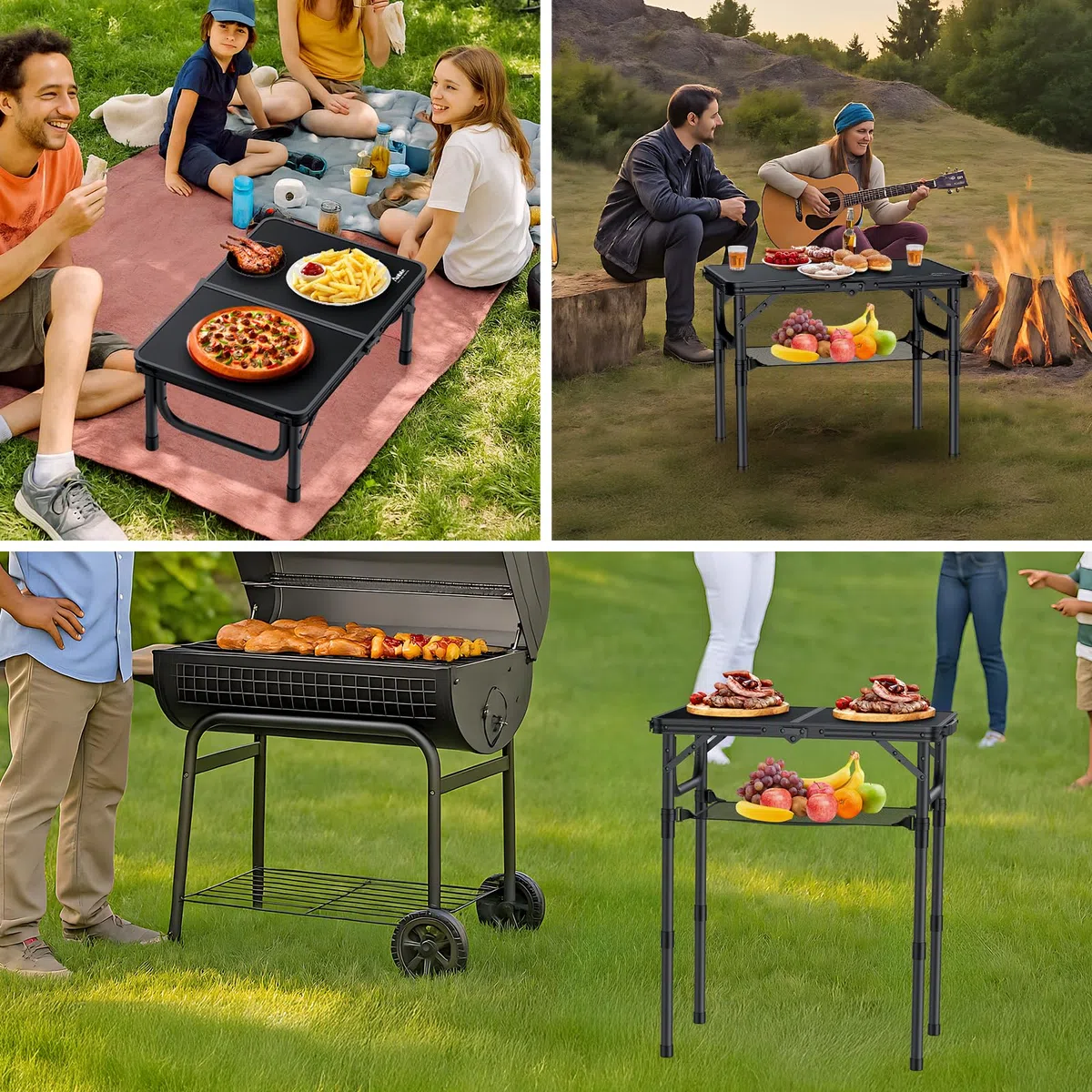 Anbte Table de Camping Pliante avec Filet de Rangement, Table de Pique-Nique Portable en Alliage d'Aluminium Hauteur Réglable en 3 hauteurs pour Intérieur/Extérieur, Cuisine