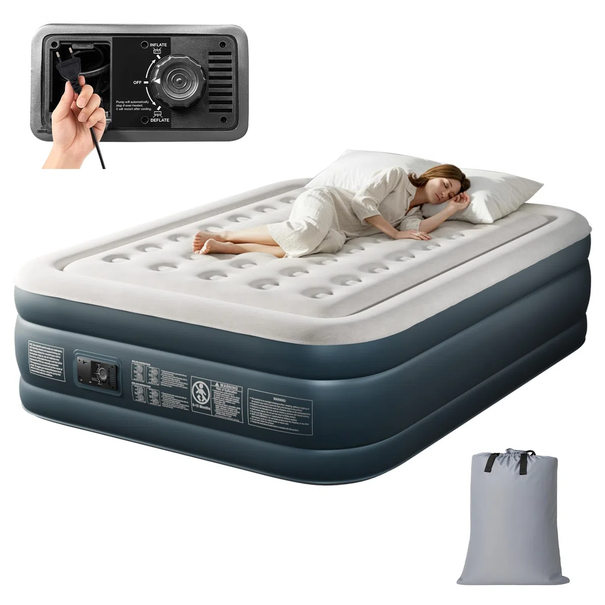 Bonnlo Matelas de Camping Pliable avec Pompe électrique, Matelas Gonflable Autogonflant avec Surface en Velours, pour 2 Personnes (Gris-Blanc et Gris Foncé, 203 x 152 x 45 cm)