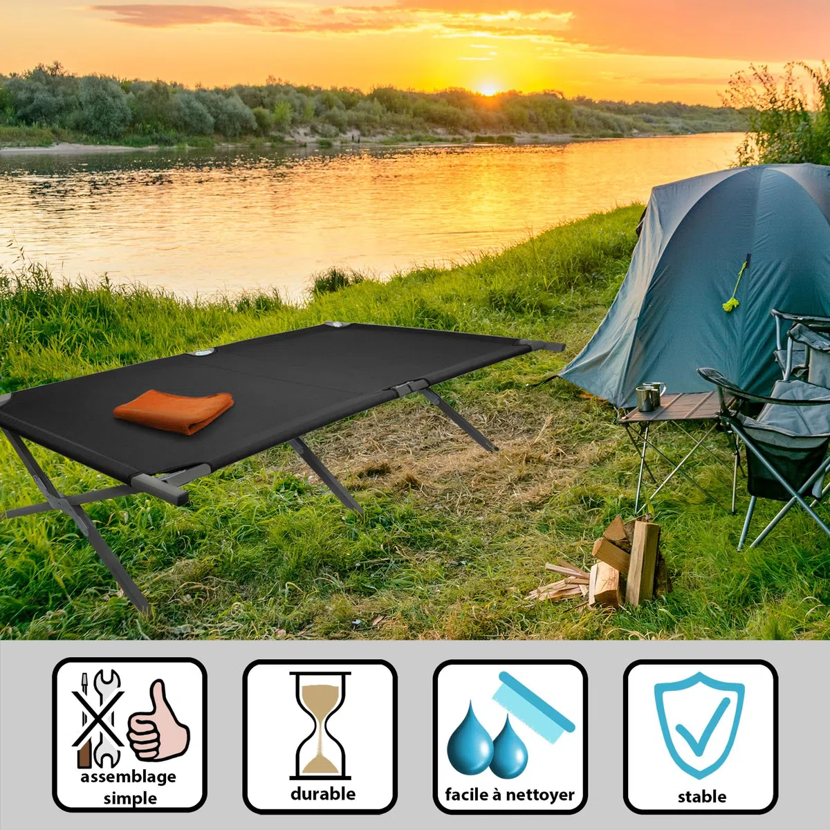 BB Sport Lit de Camp Pliable XXL 210 x 72 x 45 cm Camping Lit 200 kg Portable Militaire Pliable Voyage Confortable Stable Acier Tubulaire 600D Tissu Oxford Sac de Transport