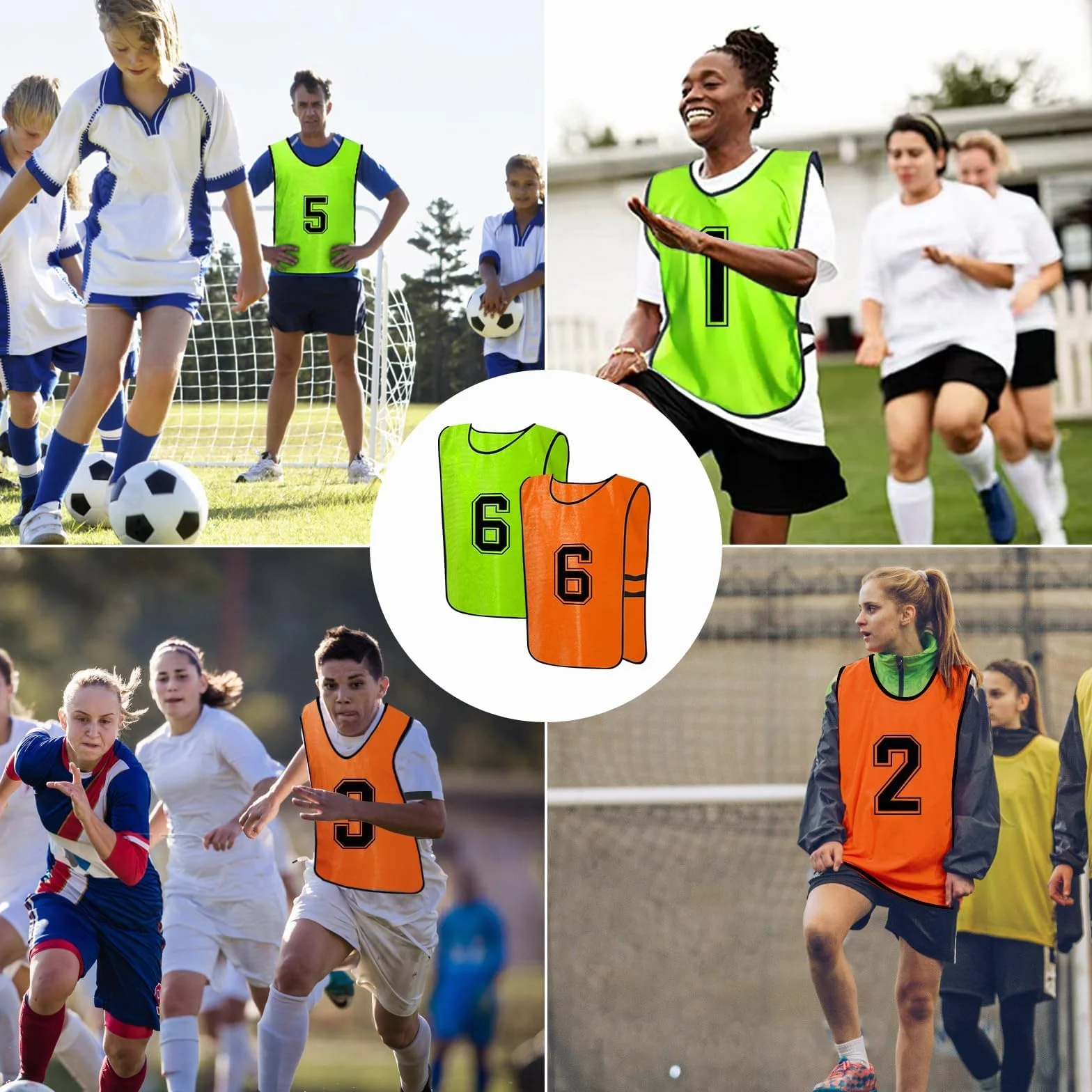 Chasubles de Football Adulte – Lot de 12 Gilets d’Entraînement Réversibles Numérotés pour Matchs et Sports d’Équipe – Maillots Respirants pour Foot, Basket, Volley – Vert/Orange