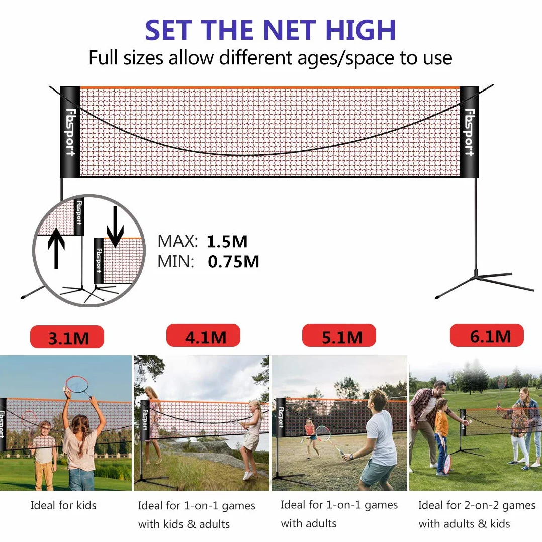 Filet de badminton, filet de tennis 3-6m Filet d'entraînement pour filet de volleyball portable, 3 hauteurs peuvent être ajustées Stockage de filet de badminton pliable, à l'intérieur et à l'extérieur