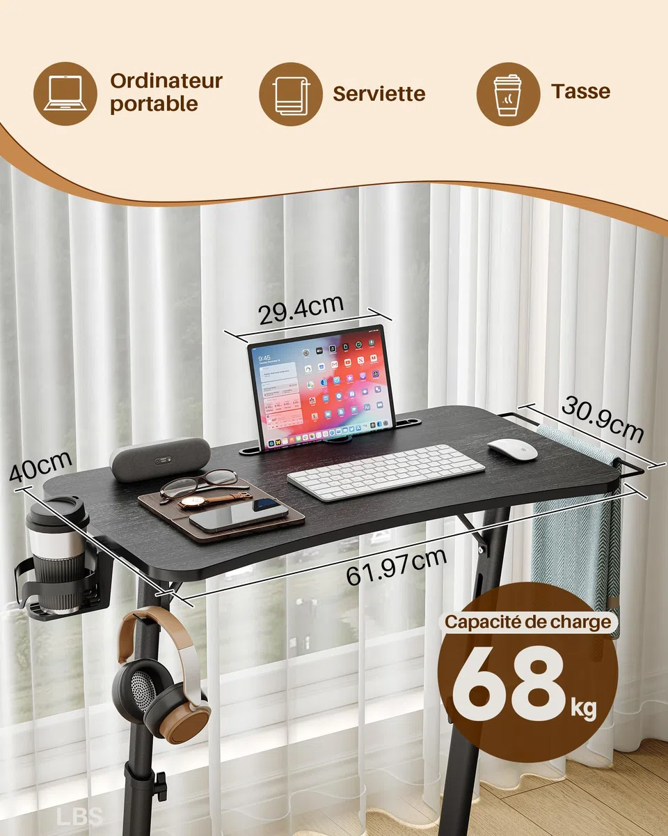 Table d'entraînement à roulettes pour vélo avec hauteur réglable et roulettes, table de chevet et table pour ordinateur portable, table d'appoint réglable en hauteur pour vélo d'intérieur et tapis de
