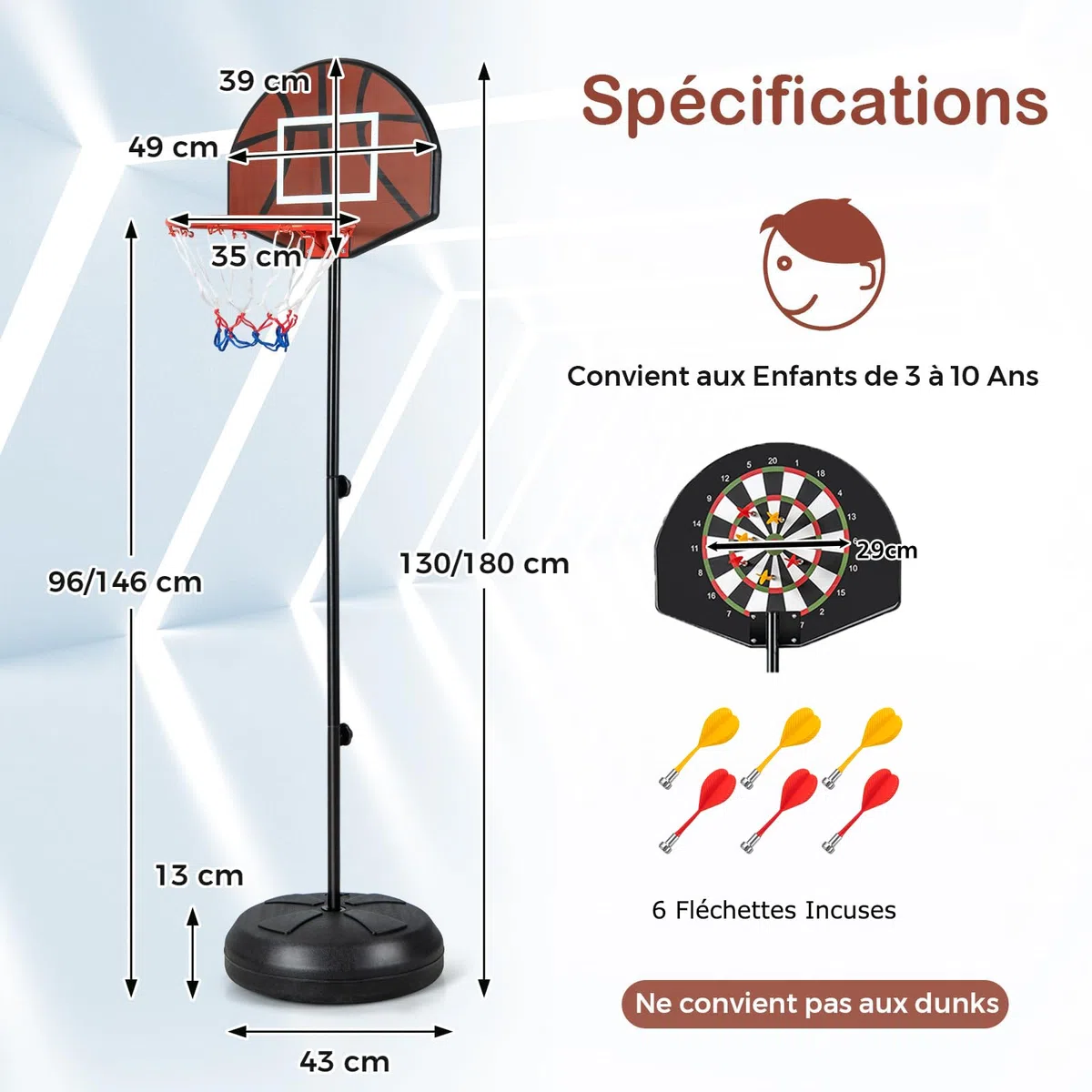 GYMAX 2-en-1 Panier Basket Enfants 3-10 Ans, avec Cible de Fléchettes, Hauteur Réglable 96/146cm, Base Remplissable Stable, 6 Fléchettes, pour Intérieur et Extérieur, pour Garçons et Filles