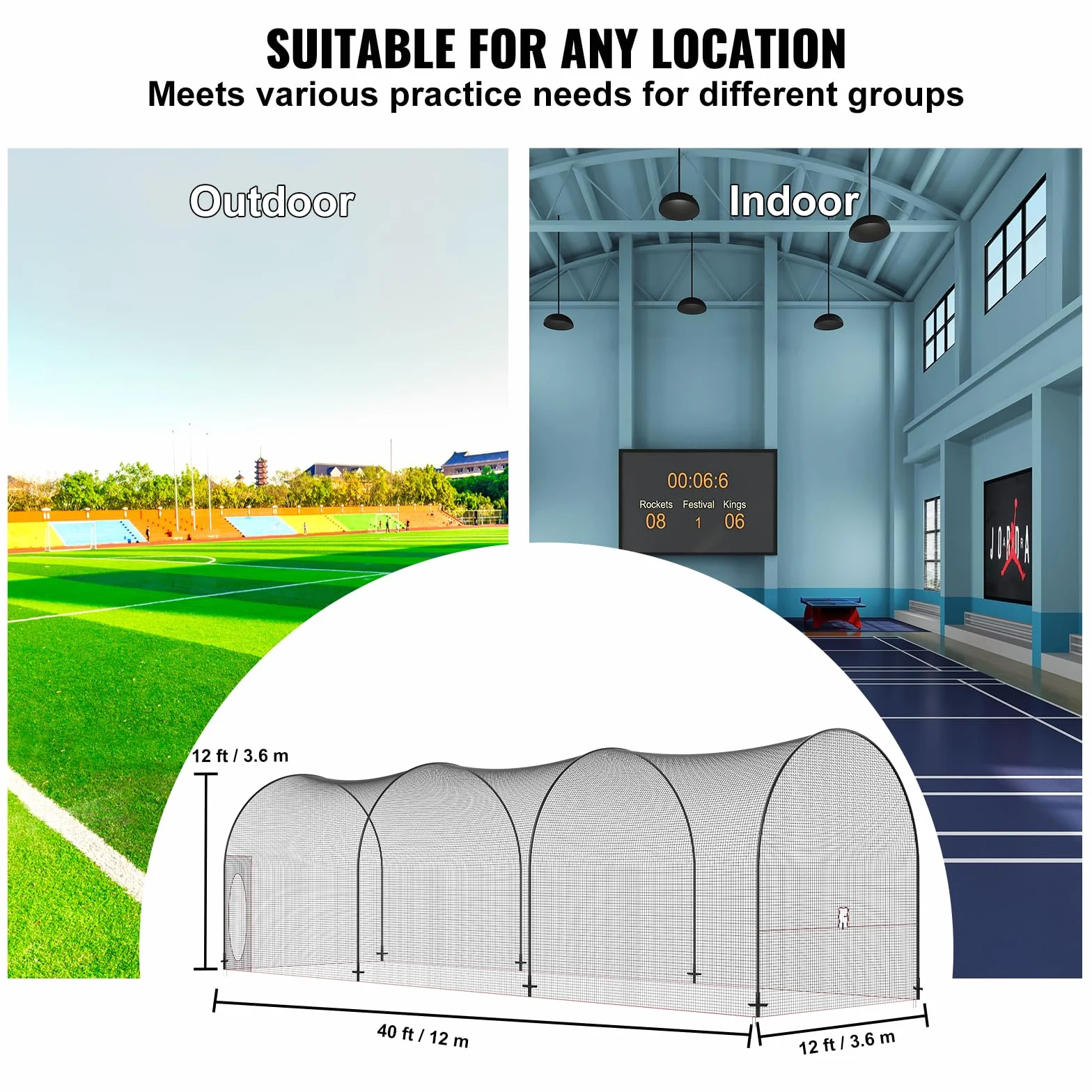 VEVOR Cage de Frappeur 12x3,6x3,6 m Filet d'Entraînement Baseball Softball Poteaux Fibre de Verre Portable