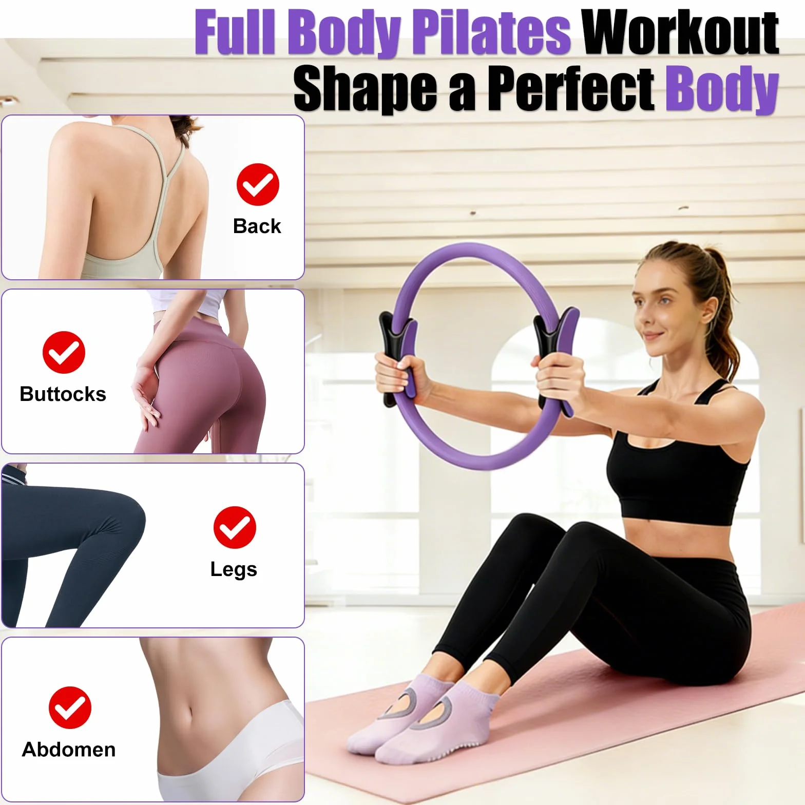 Roadtime Kit Pilates pour la maison, kit débutant de 13 pièces avec balle de yoga de 25 cm, cercle magique de 35 cm, 5 bandes de résistance, chaussettes de yoga, disques glissants, anneau de Pilates