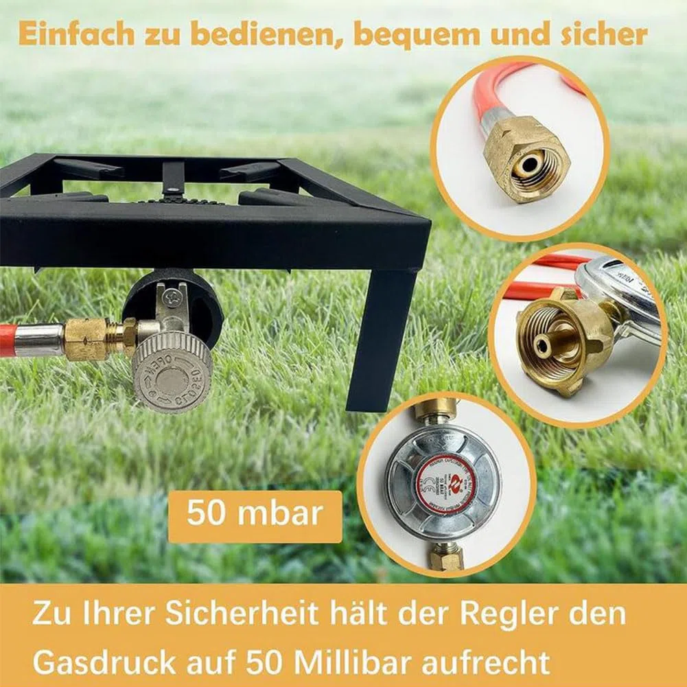 Réchaud à gaz 8 kW - Réchaud industriel avec tuyau de gaz propane de 1,5 m et réducteur de pression de propane de 50 mbar - Pour le camping, l'extérieur, uniquement pour une utilisation en