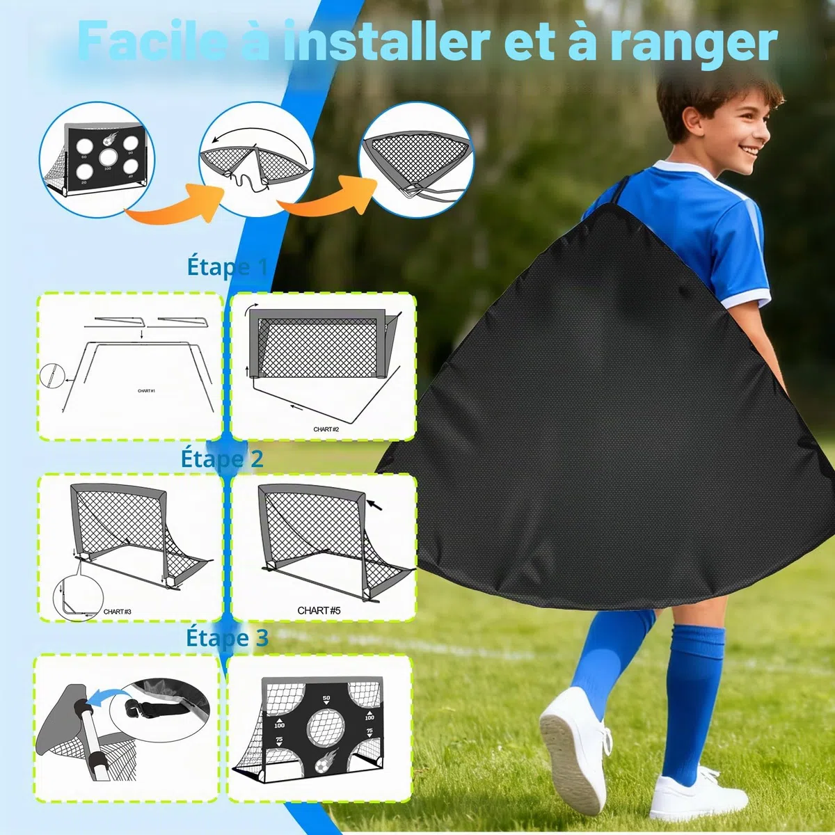 NZQXJXZ But de Football 3-en-1 pour Enfants, Filet de Football 150 x 120 cm, poteaux de But pour Jardin avec 2 Tissus interchangeables et Un Ballon, Sac de Transport, Montage Facile et Pliable adapté