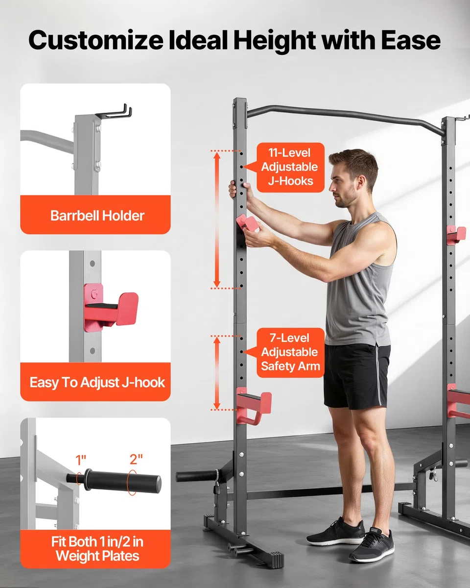 VEVOR Cage de Musculation Multifonctionnelle, Rack à Squats avec Crochets en J Réglables, Station de Musculation pour Squats Développés Couchés Tractions Gym et Domicile, avec Barres de Sécurité