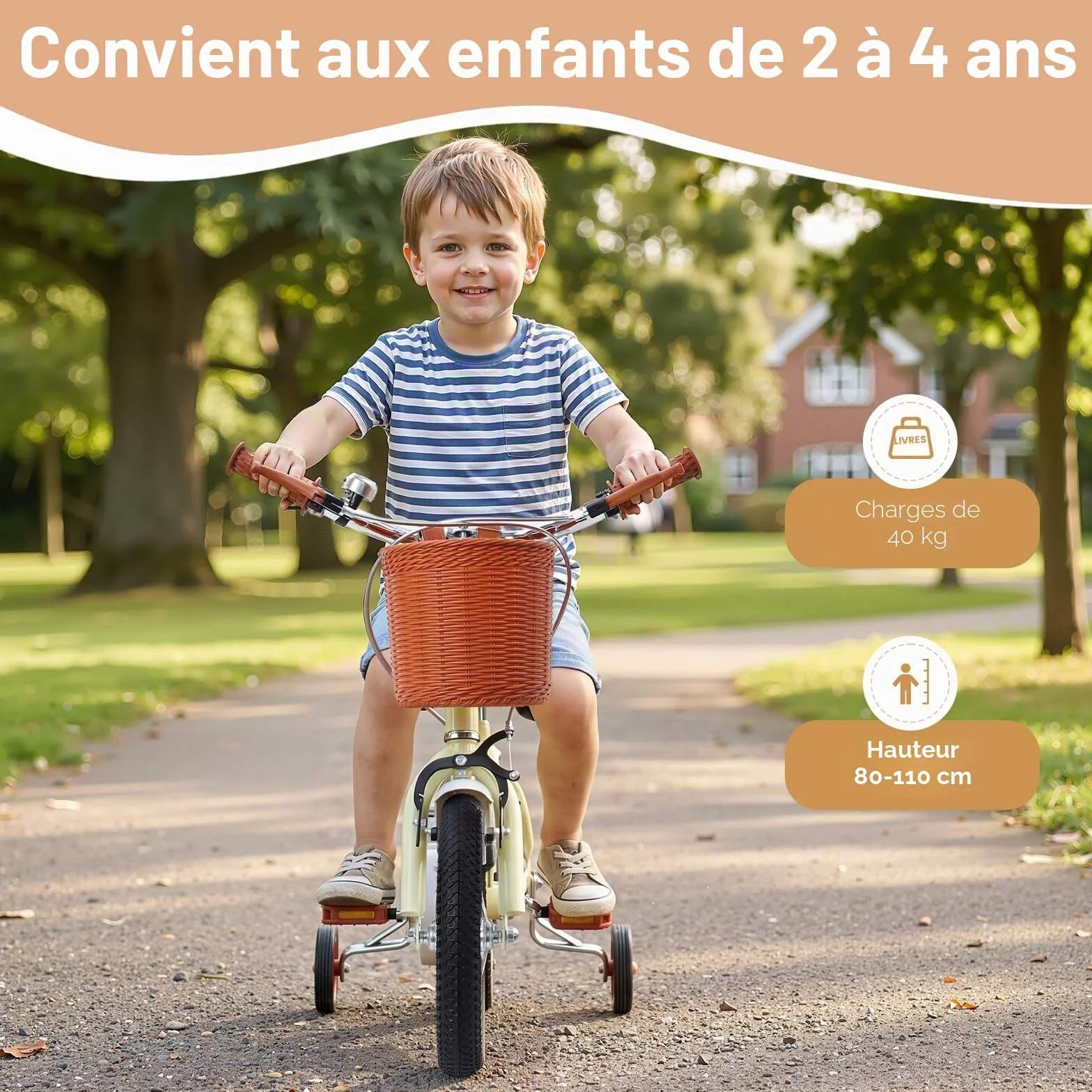 Vélo enfant 12 pouces avec panier avant roues stabilisatrices 2-4 ans hauteur réglable 60-70 cm