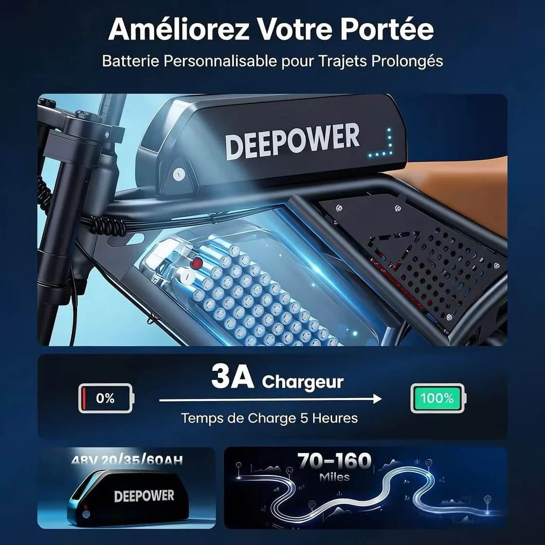 DEEPOWER QS7 Vélo Électrique, Batterie Amovible 48V 60Ah/35Ah/20Ah, Autonomie 110-250KM, Moteur 120 N·m, Pneu Gras 20'' X 4.0, 7 Vitesses, Suspension Hydraulique Complète