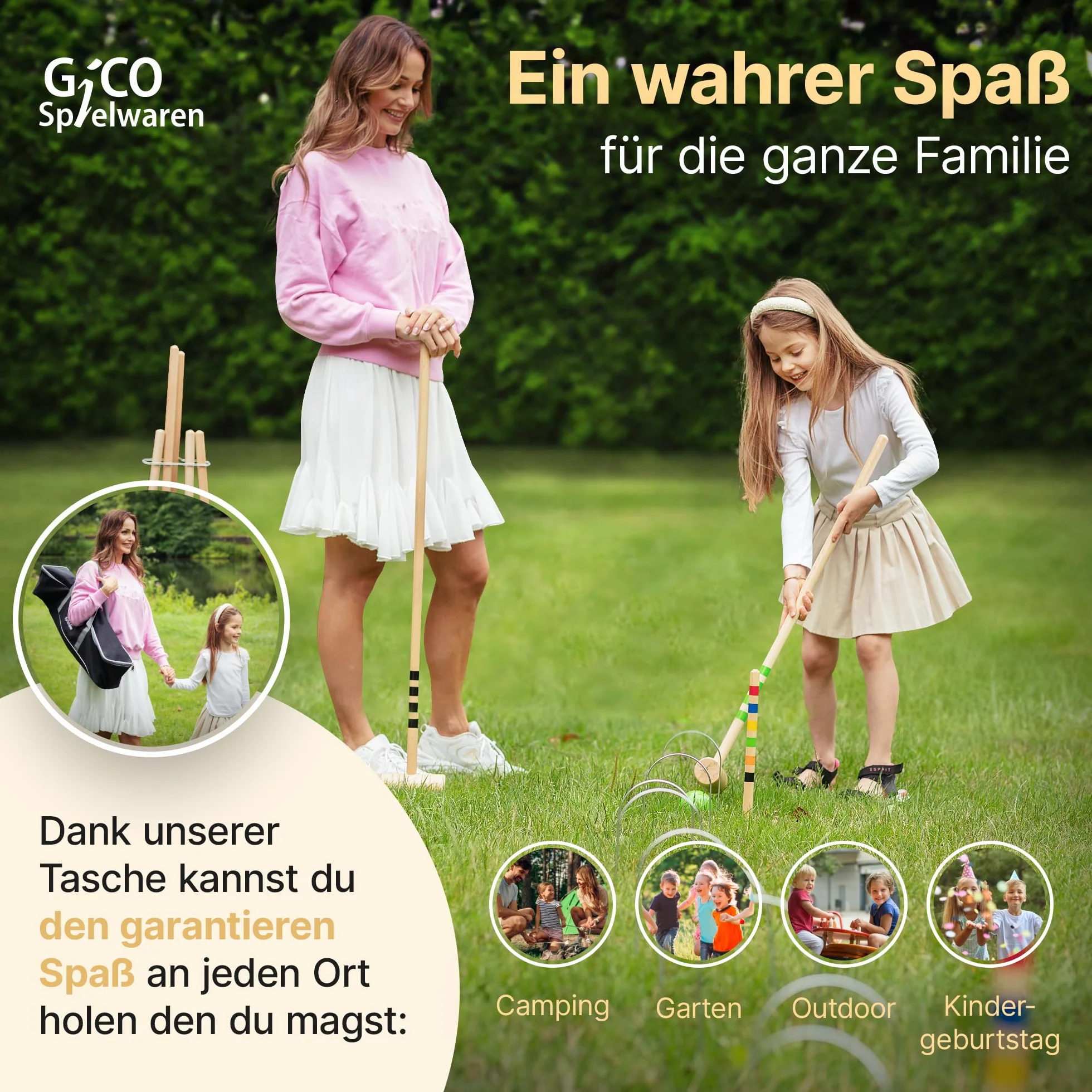 GICO Jeu de Croquet 4 Joueurs Maillets Taille Adulte 100 cm Sac de Transport