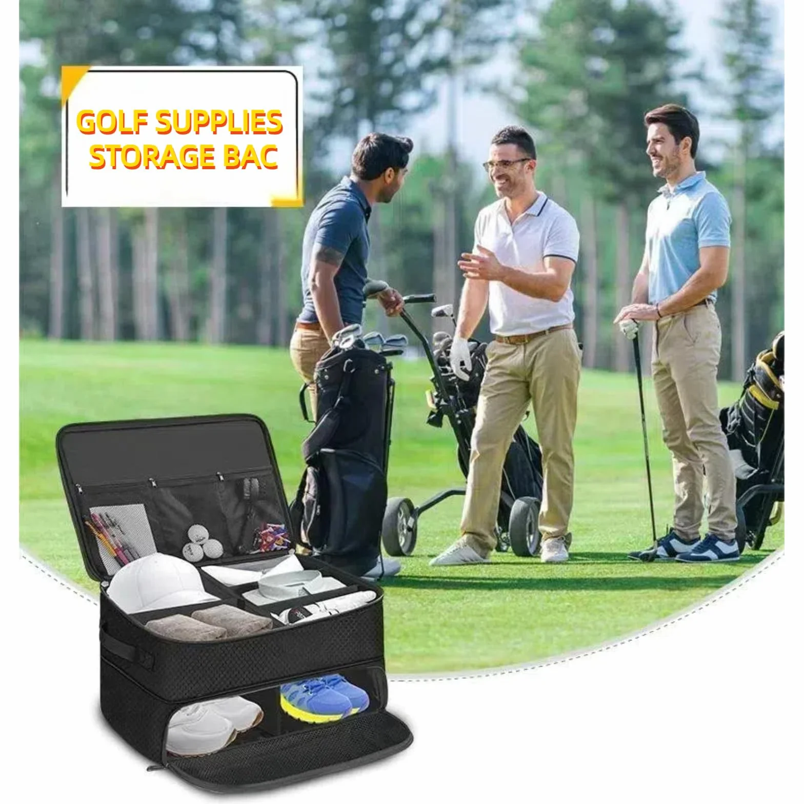 Organiseur de coffre de golf – Sac de rangement pour casier de voiture à 2 couches – Casier d'équipement de golf pour homme et organisateur de chaussures pour balles, t-shirts, vêtements