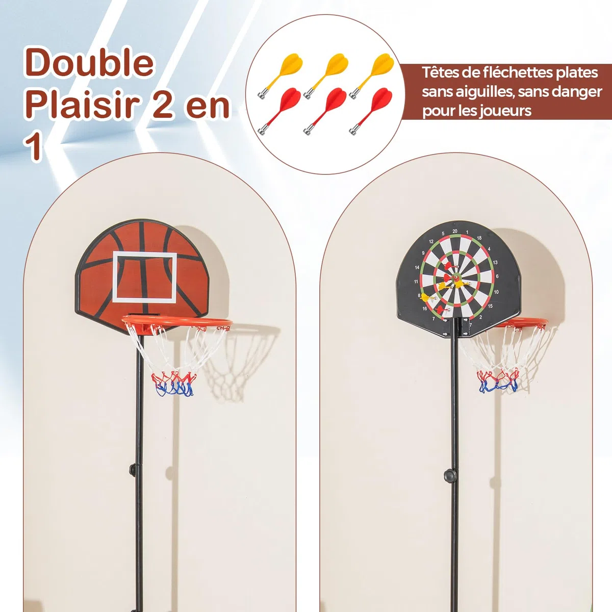 GYMAX 2-en-1 Panier Basket Enfants 3-10 Ans, avec Cible de Fléchettes, Hauteur Réglable 96/146cm, Base Remplissable Stable, 6 Fléchettes, pour Intérieur et Extérieur, pour Garçons et Filles