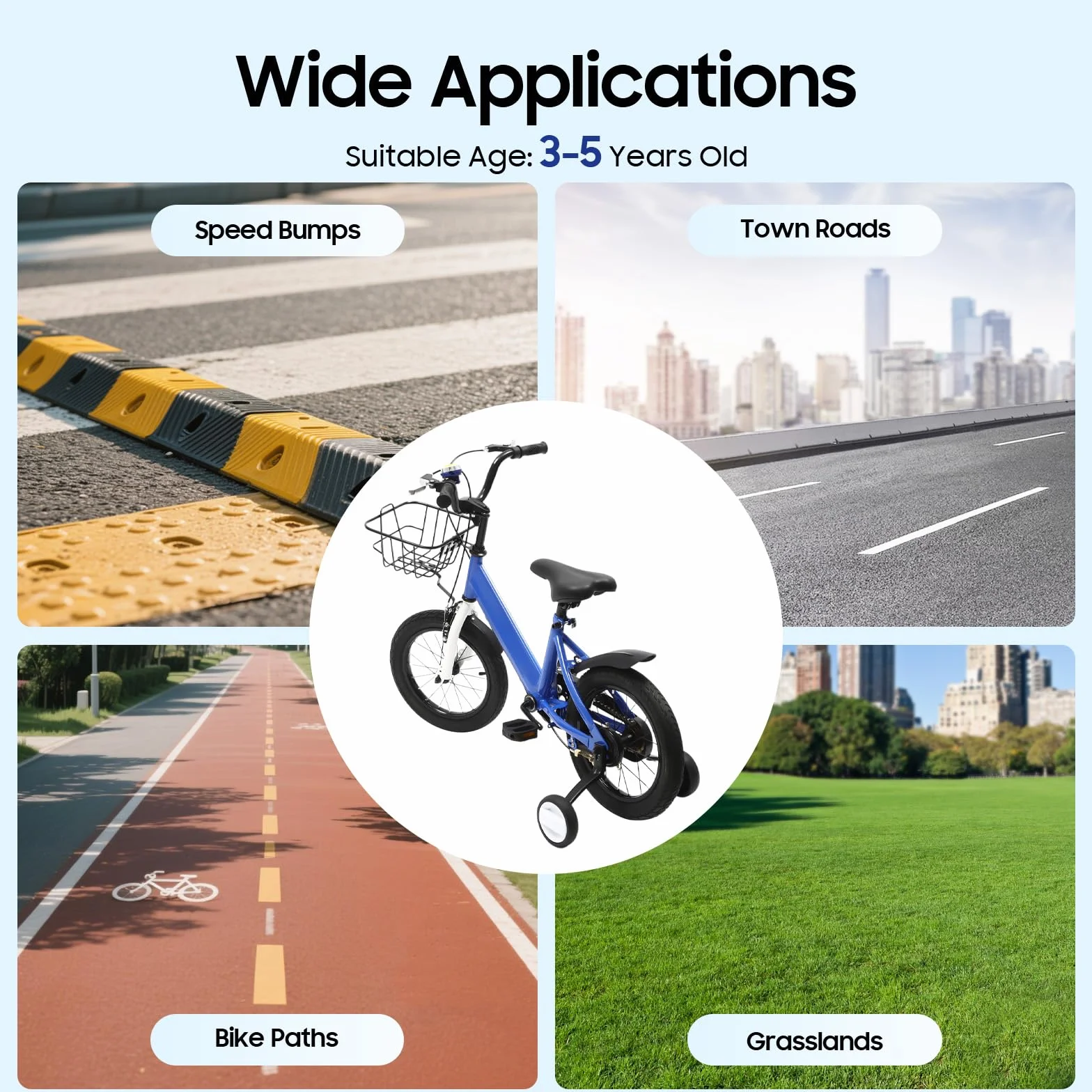 Vélo enfant 14 pouces roues stabilisatrices équilibre garçons filles 3-6 ans siège réglable rétropédalage frein main