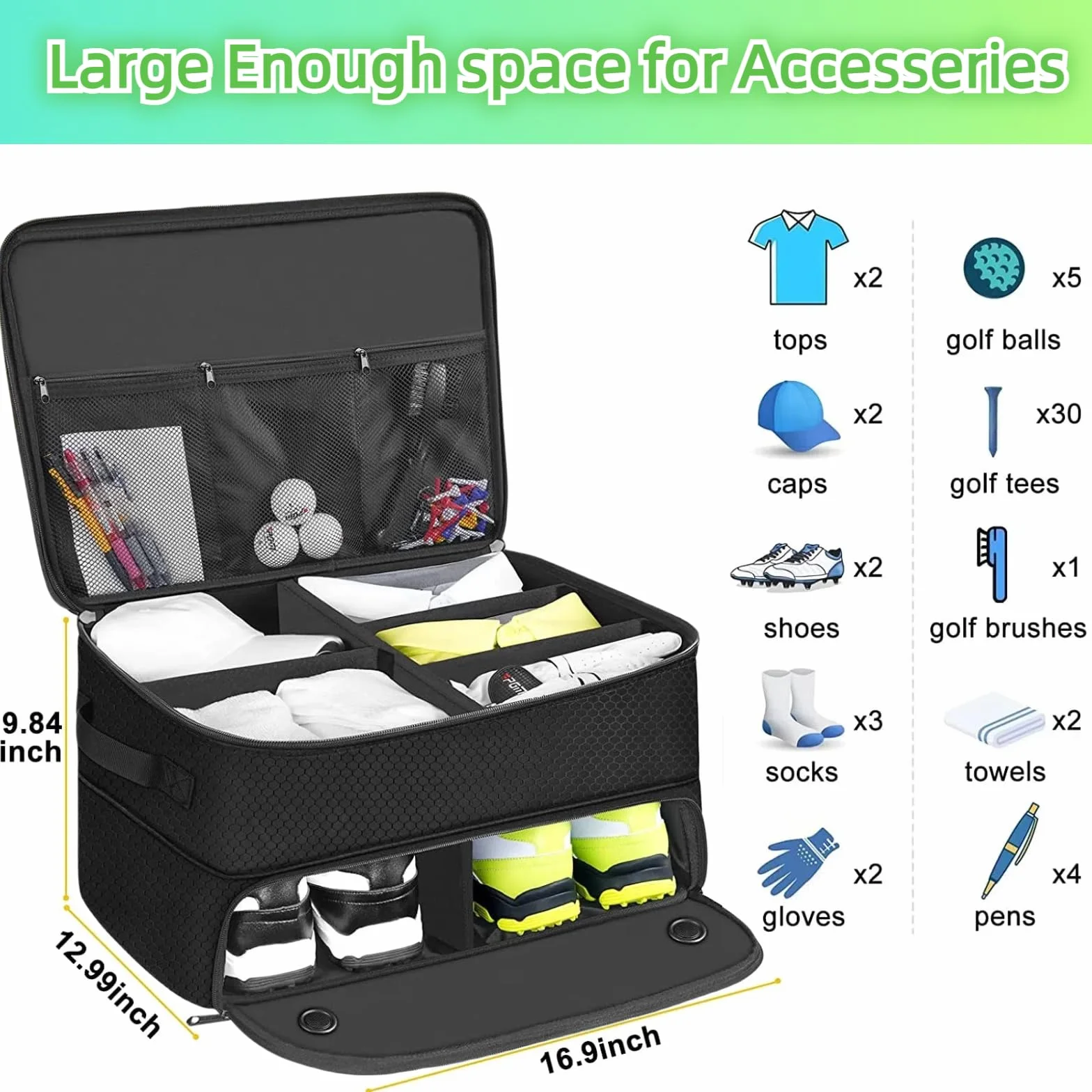 Organiseur de coffre de golf – Sac de rangement pour casier de voiture à 2 couches – Casier d'équipement de golf pour homme et organisateur de chaussures pour balles, t-shirts, vêtements