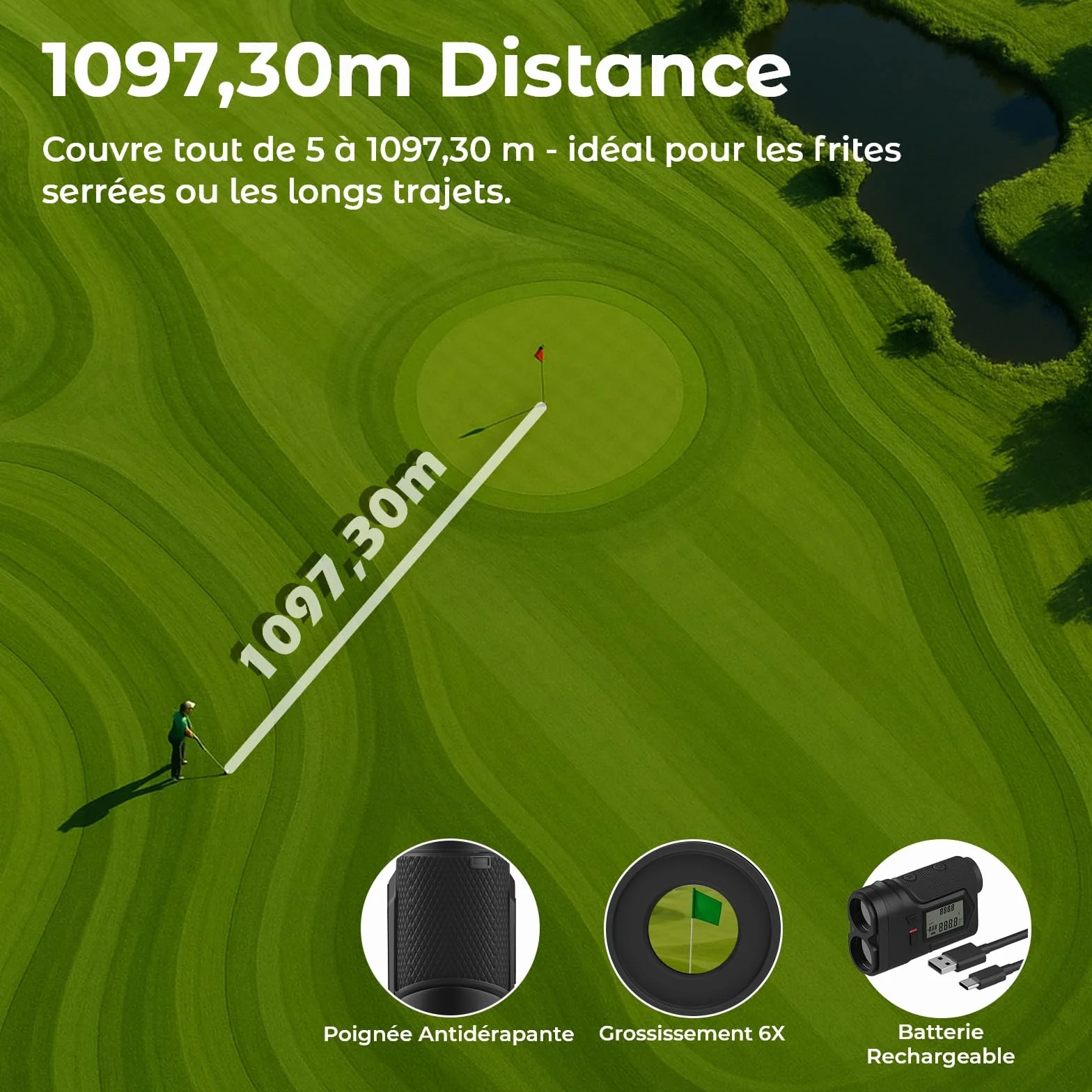 Télémètre Golf 1097M avec Pente on/Off et Verrouillage du Drapeau par WanderS – Télémètre Laser USB-C Rechargeable, Grossissement 6X, Mode Tournoi, Écran Latéral – Accessoire Golf Homme