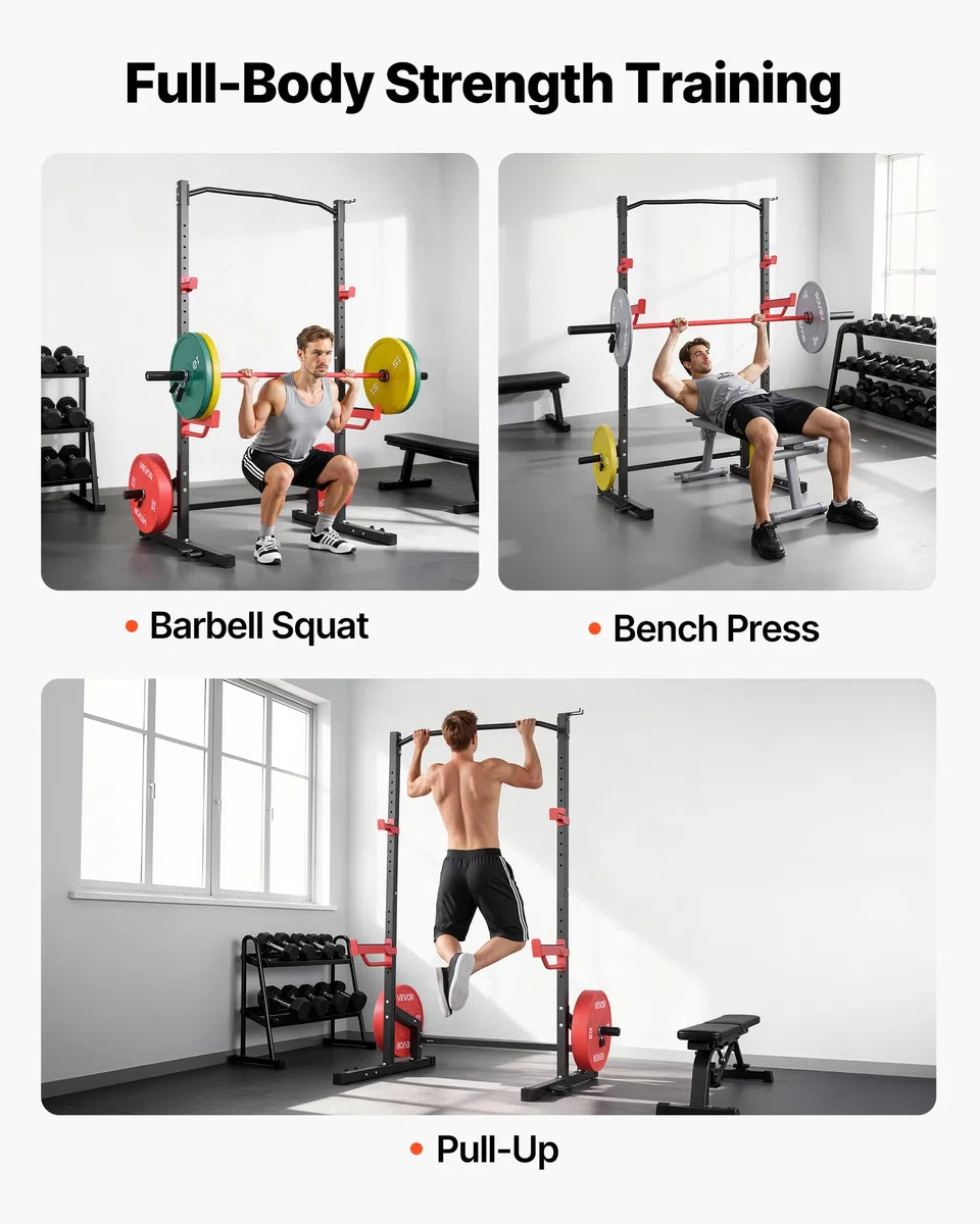VEVOR Cage de Musculation Multifonctionnelle, Rack à Squats avec Crochets en J Réglables, Station de Musculation pour Squats Développés Couchés Tractions Gym et Domicile, avec Barres de Sécurité