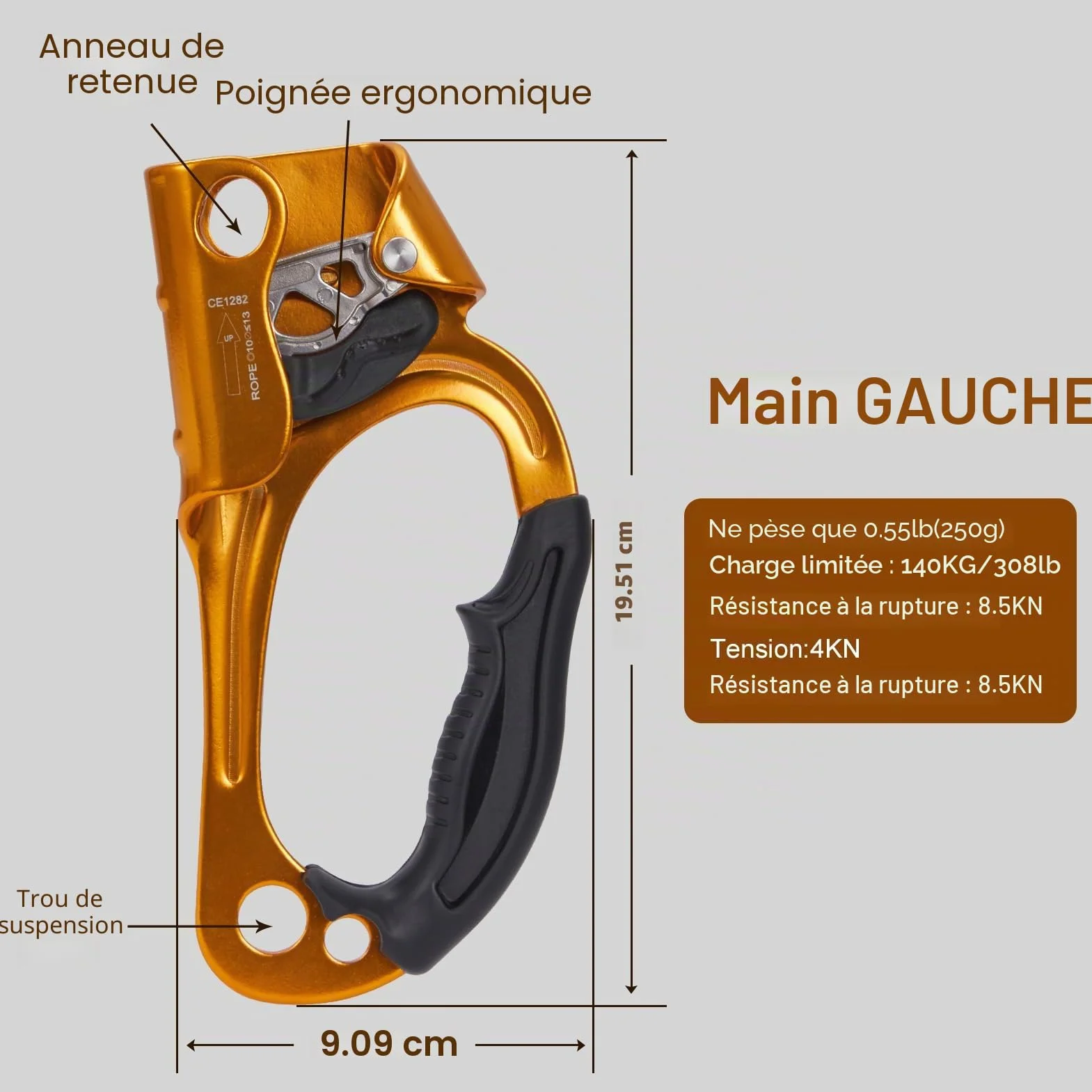 SOB Ascender à Main d'escalade, Main Ascendeur d'escalade Arbre Arboriste Rappel Gear Équipement Corde Pince pour 8~13 MM Corde