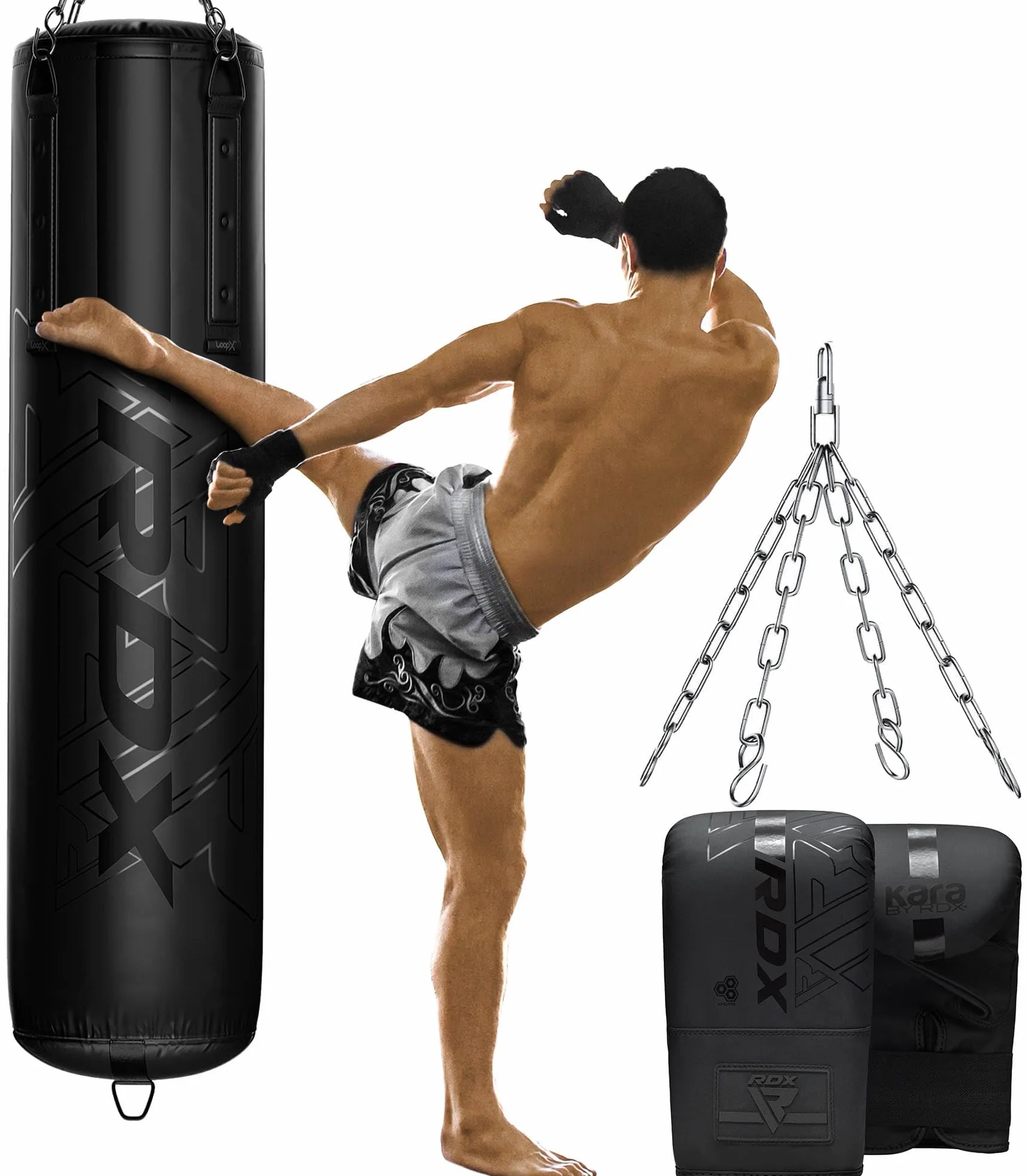 RDX Sac de Frappe Adulte 5ft, 3PC Rempli Anti Balançoire Lourd Boxe Punch Bag avec Gants Kit pour Muay Thaï MMA Arts Martiaux Sparring Punching Kickboxing D’entraînement, Domicile Gym Fitness