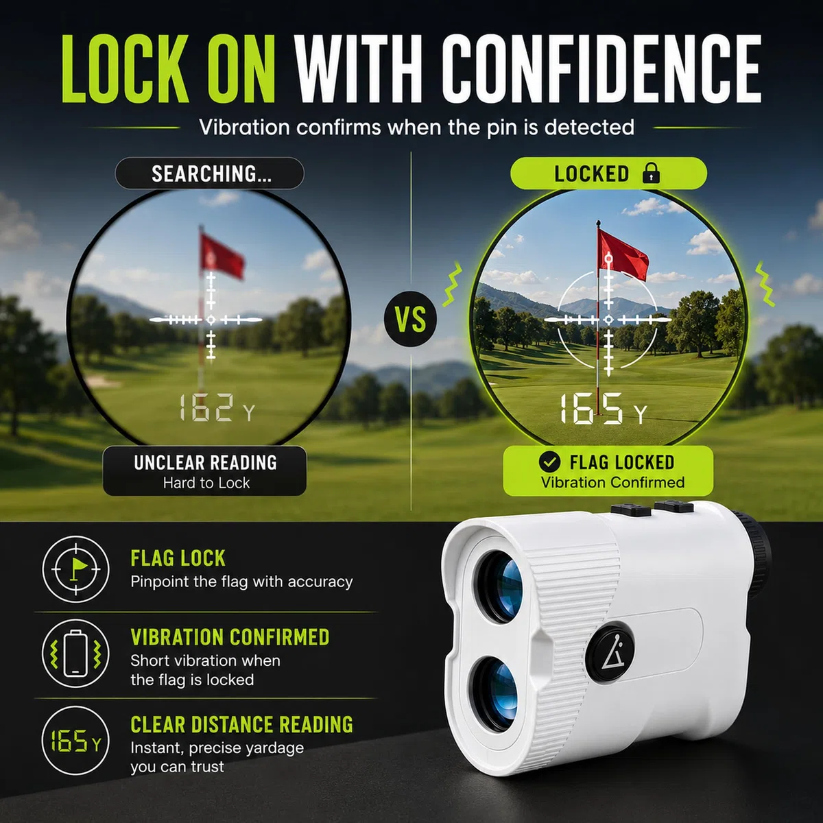Lunai Télémètre de golf avec pente | Télémètre laser de classe 1 | Batterie rechargeable 600 mAh avec Type-C | Localisateur de mètres léger pour la pratique du golf et les tournois