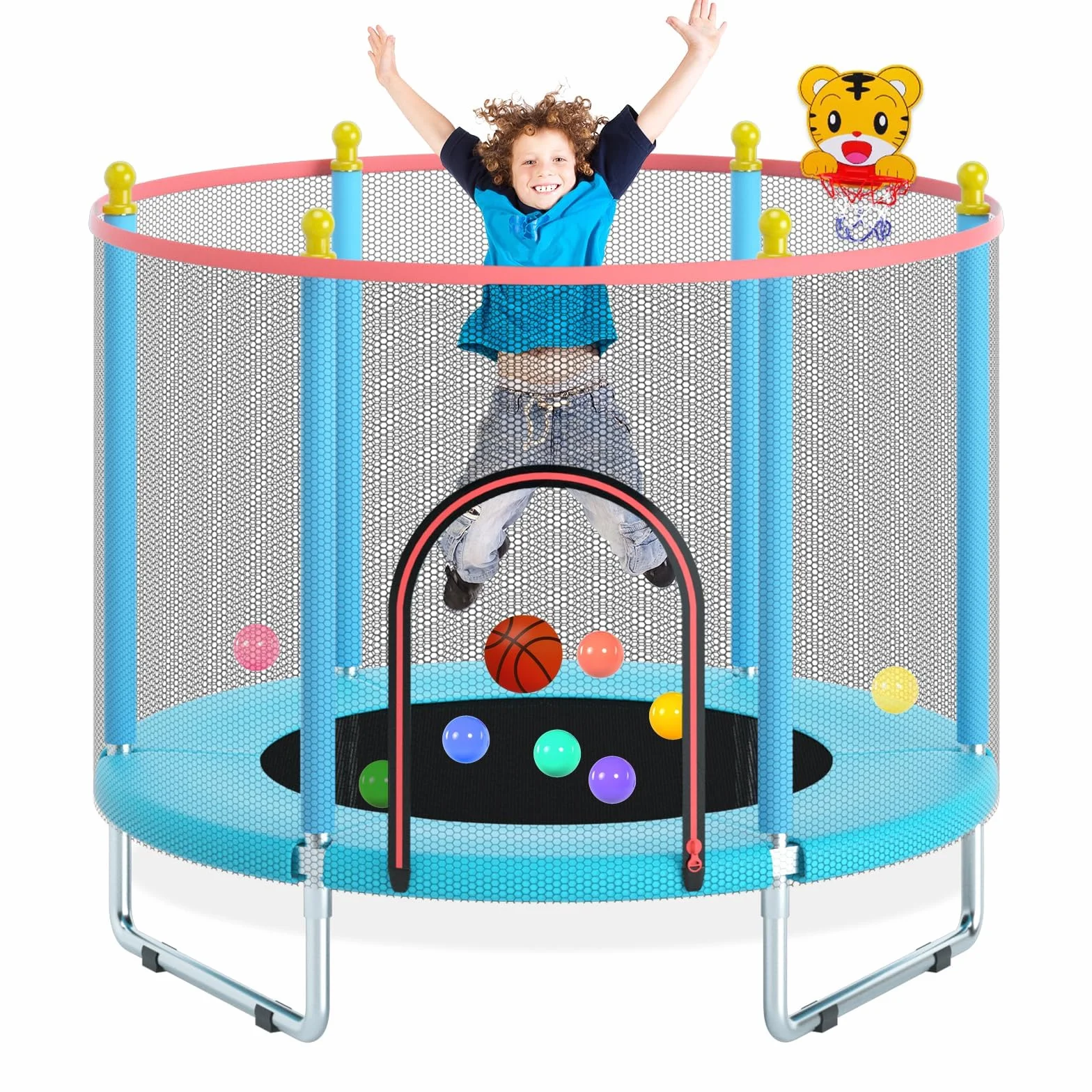 Trampoline pour Enfants 150cm avec Filet de Sécurité, Panier de Basket et Tapis de Saut - étanche, Réglable, 200kg