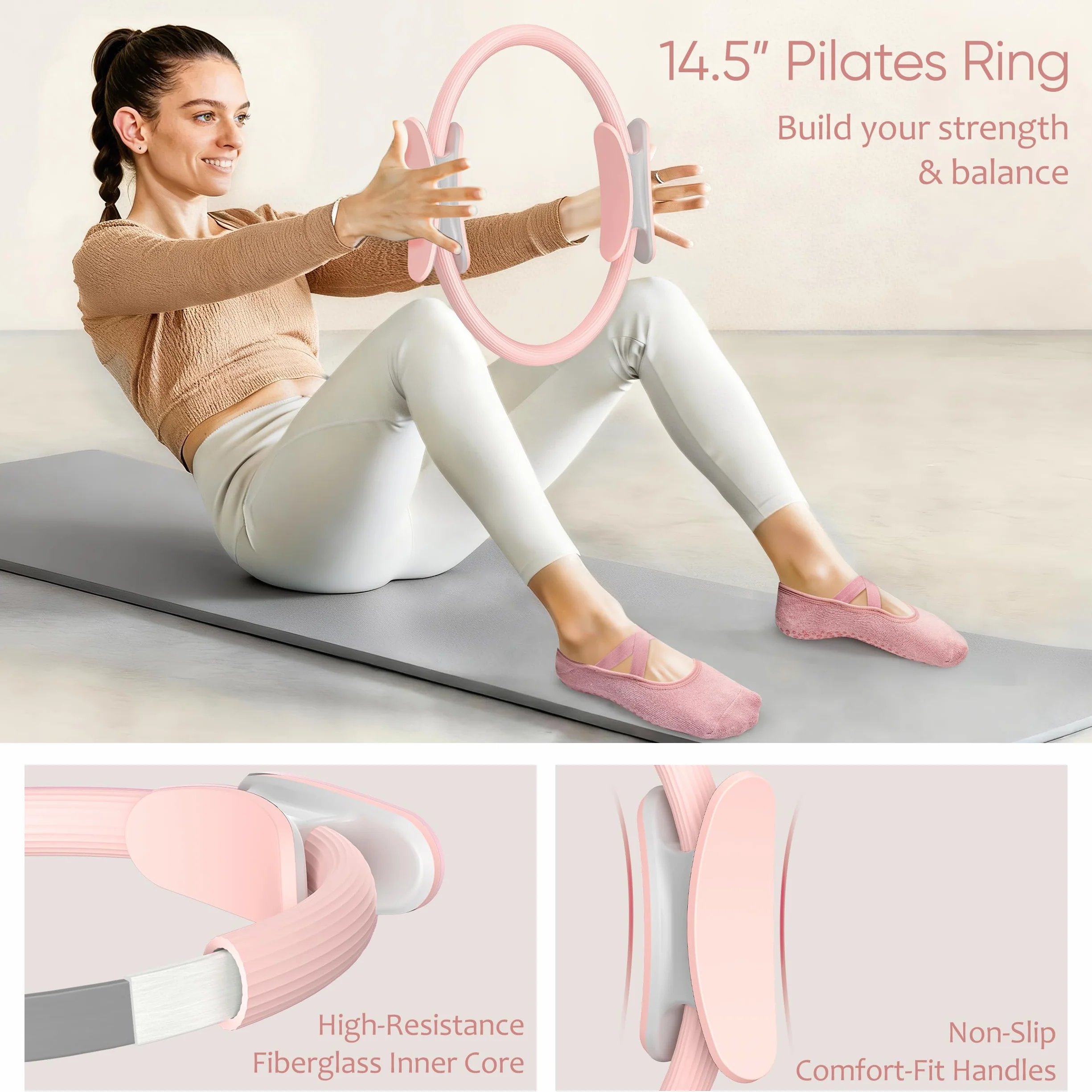 NANATI Kit de pilates 18 pièces, kit essentiel de pilates pour femmes à domicile, équipement de pilates avec anneau et balle de pilates de 36,8 cm, 7 bandes de résistance, poids de cheville, curseurs