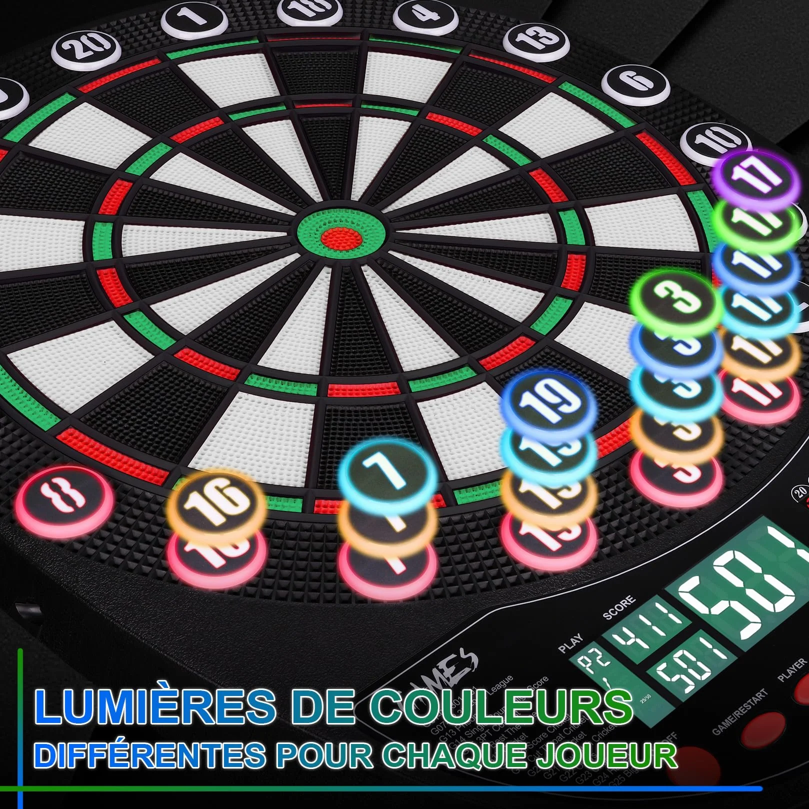 Cible de fléchettes électronique Professionnelle 34 Jeux avec 354 Variantes 3 Langues : Allemand, Anglais, français pour 1 à 8 Joueurs avec 12 fléchettes