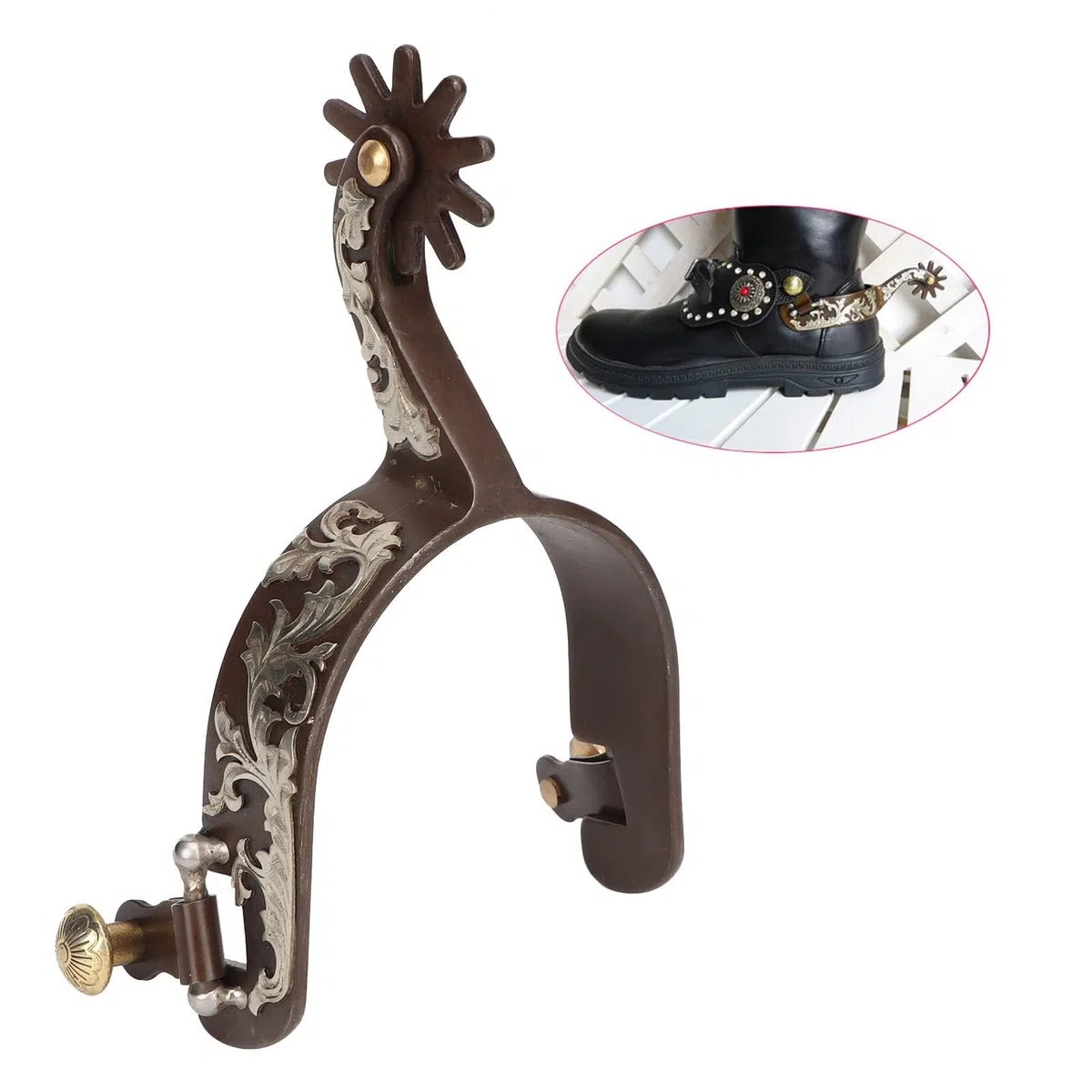 Lot 2 Éperons Cowboy Occidentaux Faits À La Main En Cuir Véritable Avec Engrenage Rotatif Sangle D'Éperon Vintage Bronze En Acier À Faible Teneur En Carbone Accessoires D'Équitation Pour Chevaux