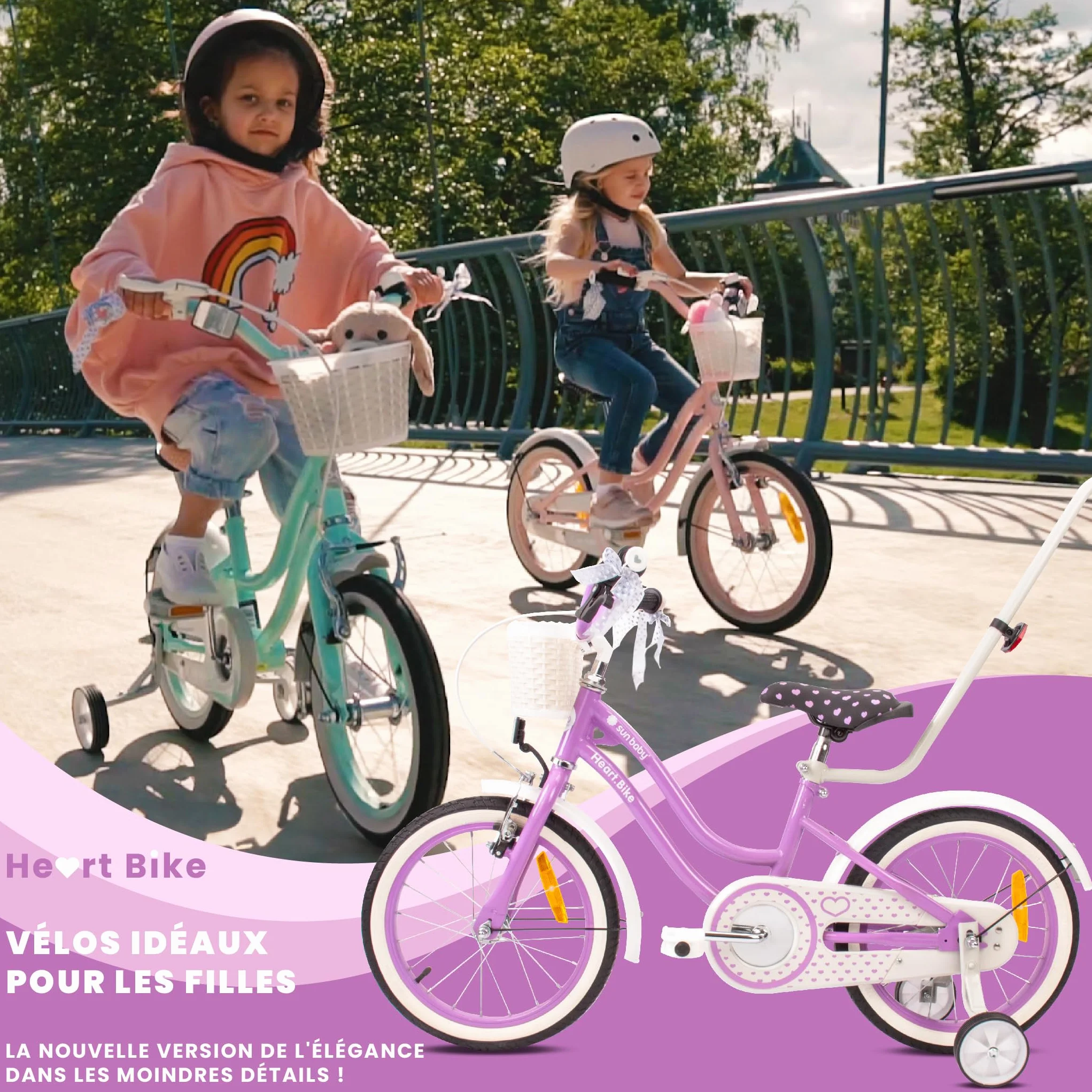 Vélo Enfant Fille 12/14/16 Pouces Sun Baby Heart avec Roulettes Stabilisatrices et Barre de Poussée