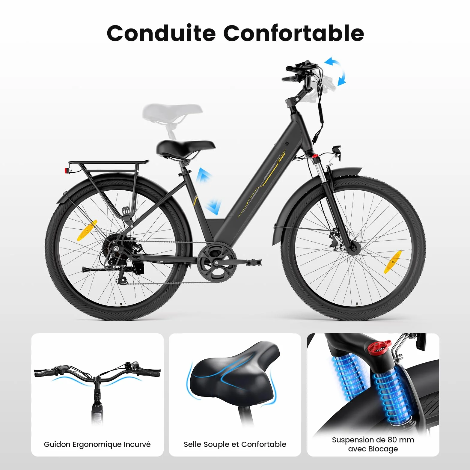 Vélo Électrique 27,5", Moteur 250W, Batterie 36 V 15,6 Ah Amovible, Autonomie Jusqu’à 100 km, 7 Vitesses, Écran LCD, Assistance 25 km/h, Charge Max 120 kg, Modèle Mixte E-Bike