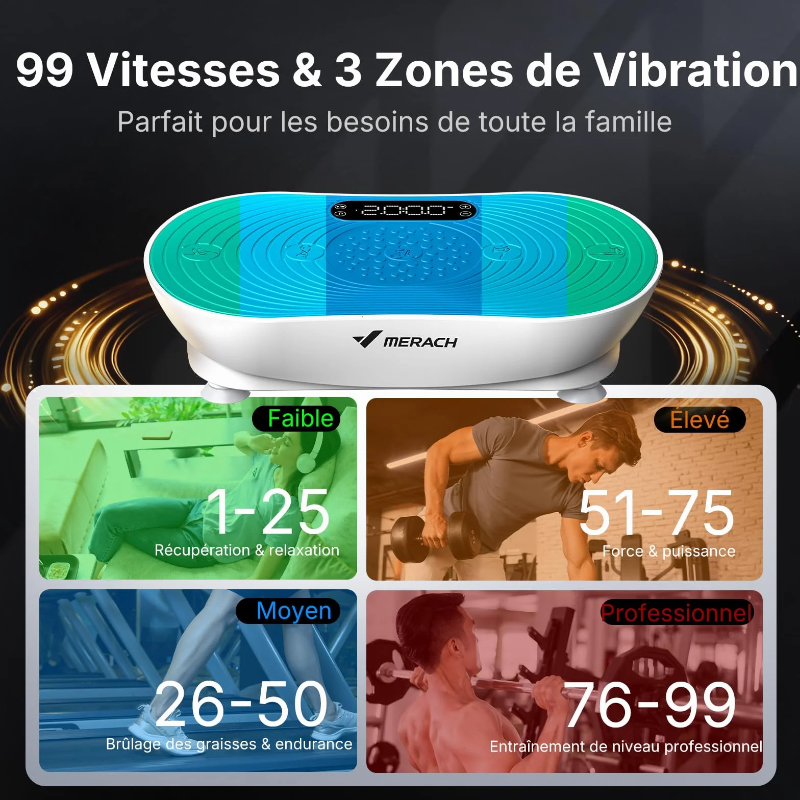 MERACH Plateforme Vibrante avec 99 Niveaux de Vitesse, Haut-Parleur Bluetooth Intégré, Écran Tactile LED