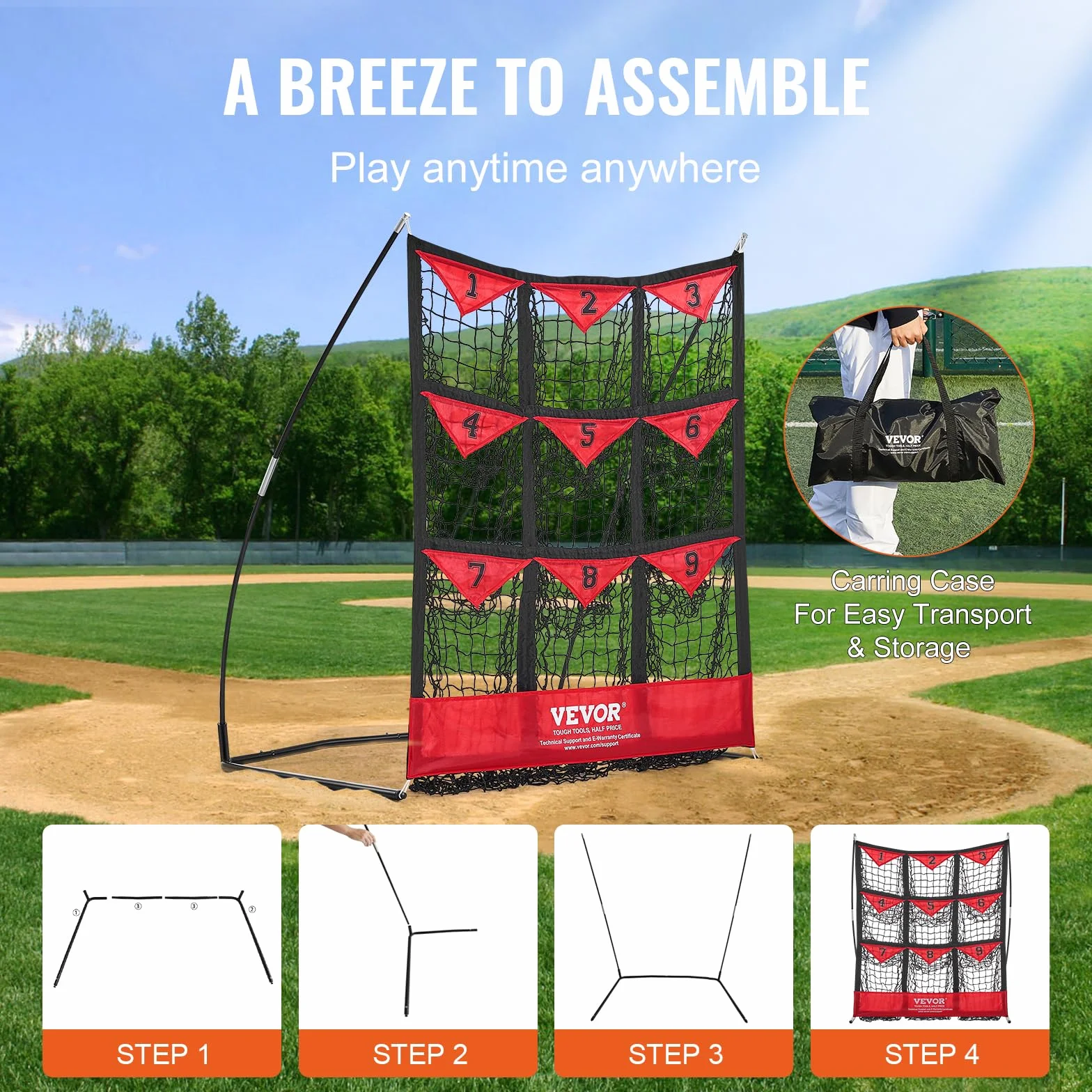 VEVOR Filet de lancement baseball 9 trous équipement entraînement pratique lancer portable montage rapide