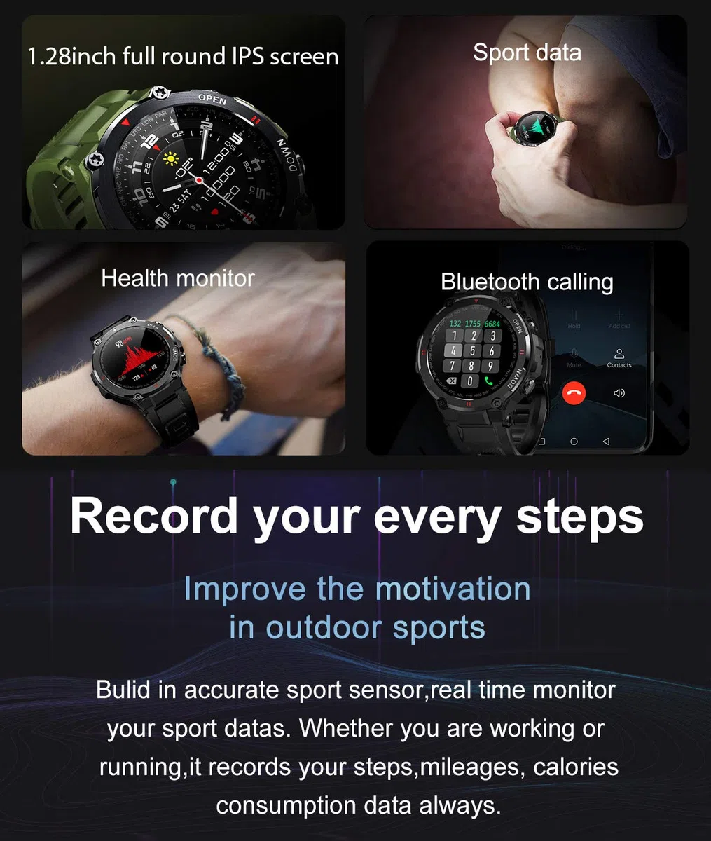 Montre connectée avec suivi de fitness, affichage rond complet de la fréquence cardiaque et de la pression artérielle, Bluetooth - Noir