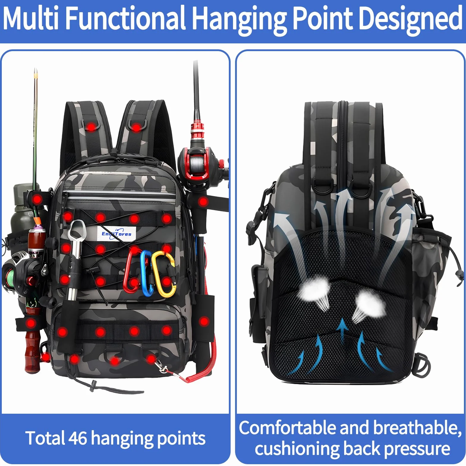 Sac à dos pêche EnGiTores fishing tackle bag pour matériel de pêche, canne étanche, camping, randonnée et voyages (45×30×25cm)