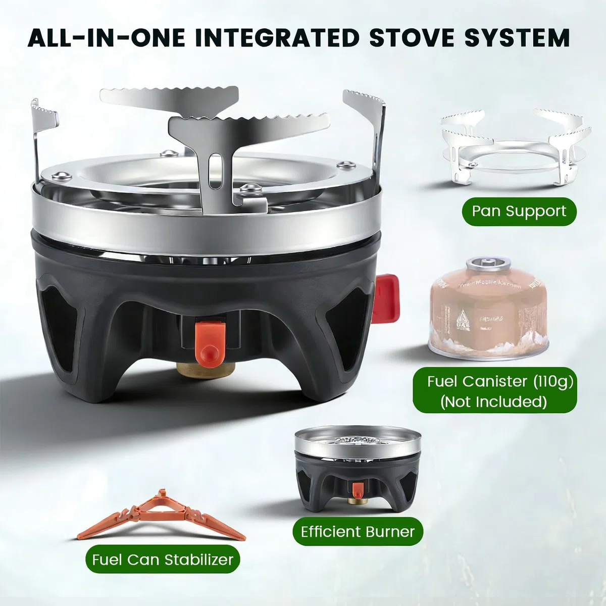 0,9L Réchaud de Camping Gaz Ultra-Léger Système de Cuisson Intégré, Couronne Énergétique, Allumage Piézo & Pot Support – Brûleur Portable Éco-énergétique pour Randonnée, Trekking et Backpacking