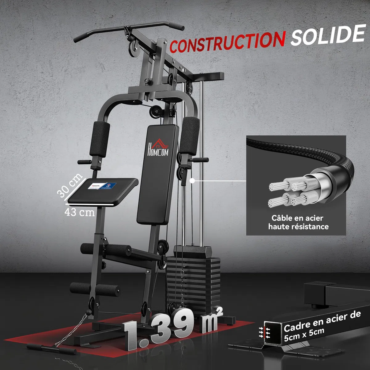 HOMCOM Station de Musculation Fitness - Collaboration Aosom.FR x FFHandball - avec 12 Blocs de Poids de 5,5 kg entraînement Complet - 135 x 103 x 210 cm