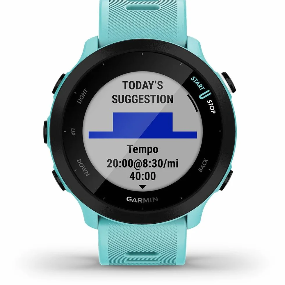 Garmin – Forerunner 55 - Montre GPS multi-activités running avec fonctions d’entrainement Garmin Coach et cardio au poignet – Vert d’eau (Reconditionné)