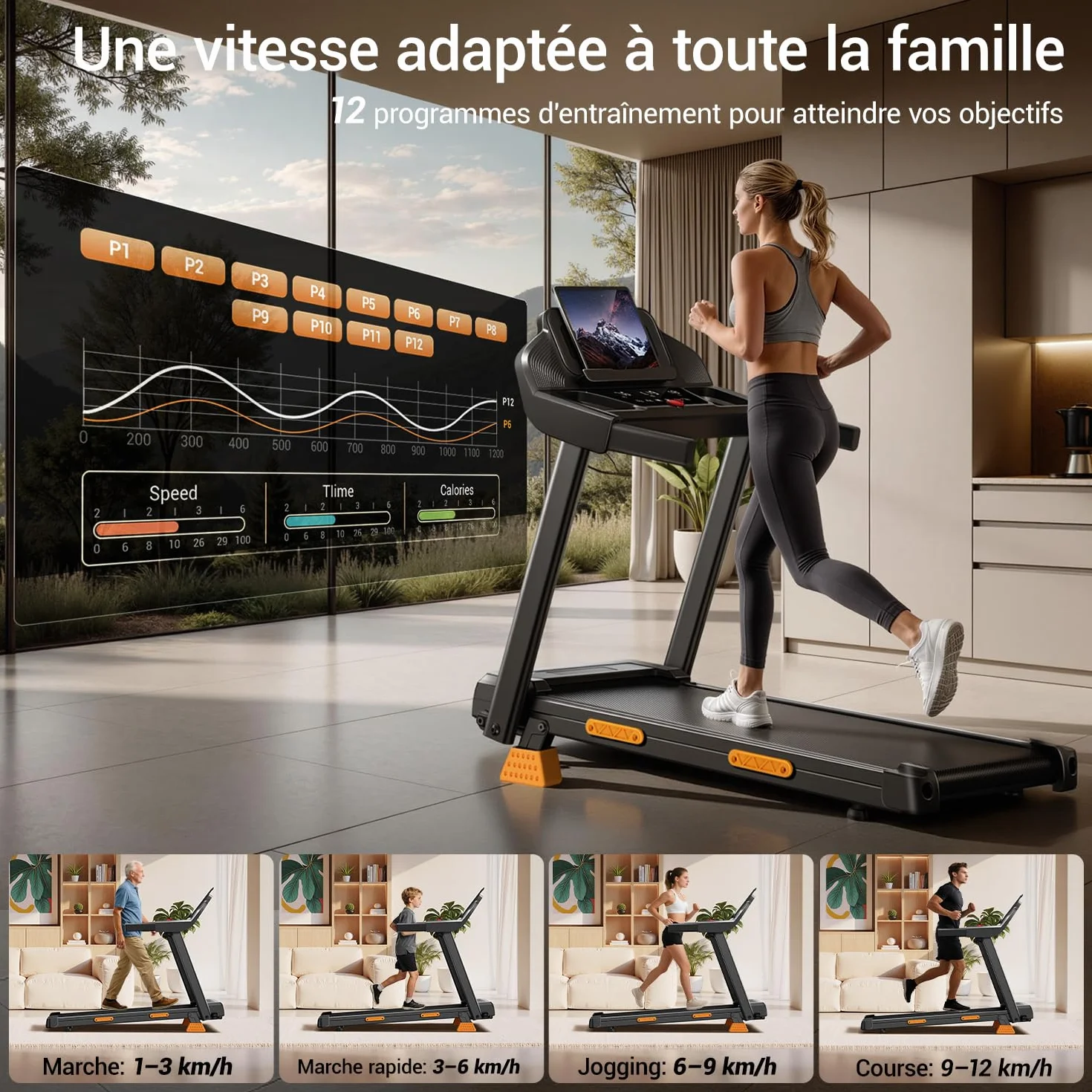 UMAY Tapis de Course Pliable 12km/h, Tapis Roulant Électrique 3,0 avec 12 Programmes d'Entraînement et Inclinaison