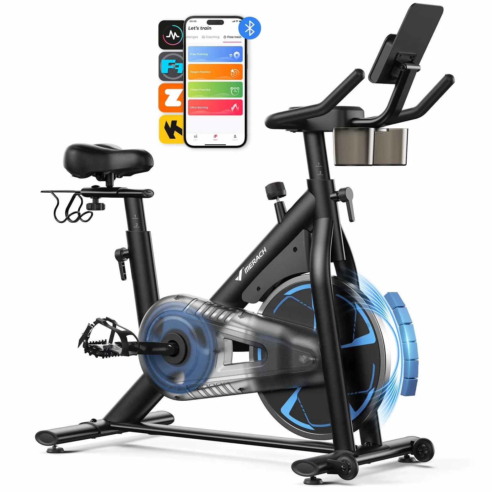 MERACH Vélo d’Appartement avec Résistance Magnétique, Vélo d’Intérieur Silencieux avec Selle à Coussin d’Air Amortissant, Écran LCD, Application Dédiée, Cadre en H Stable, Charge jusqu’à 150KG